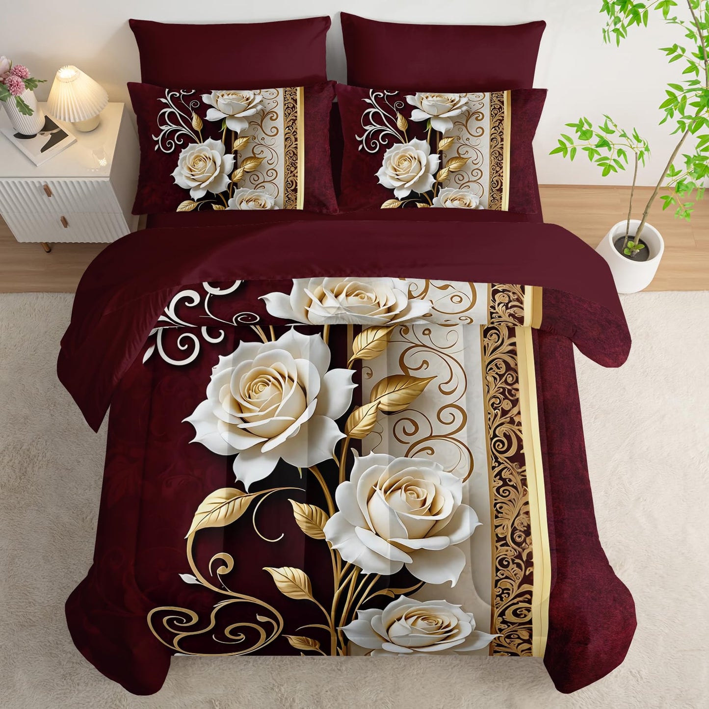 lneffble Red and White Floral Comforter Set Queen Size 7 Piece，Rose Queen Bedding Set，(1 Comforter, 1 Flat Sheet, 1 Fitted Sheet, 2 Pillowcase and 2 Pillow Sham)，White Rose Bedroom Decor