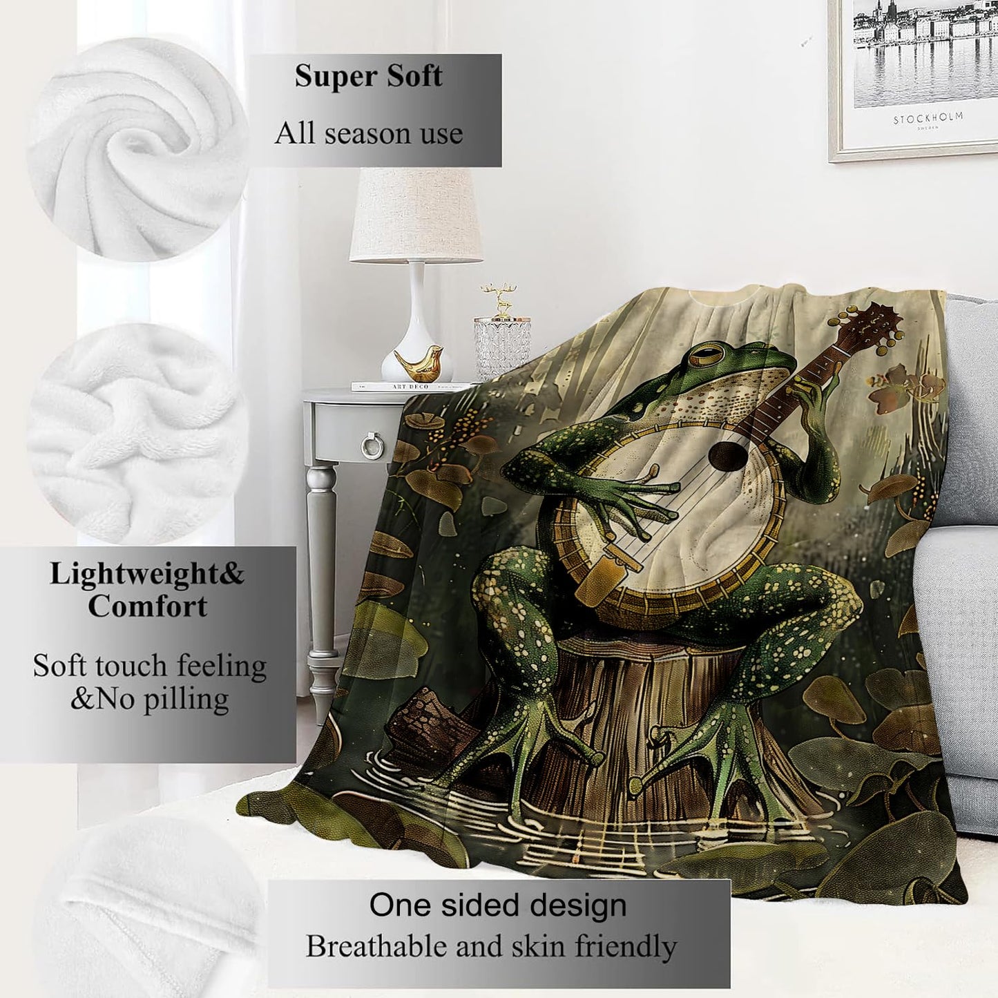 VODRM Banjo-Playing Frog Blanket Whimsical Woodland Throw Blankets with Musical Animal & Moonlit Swamp,Birthday Gifts for Kids Adult,Lightweight Soft Fleece,for Sofa Couch Bed Room Decor 50x60in