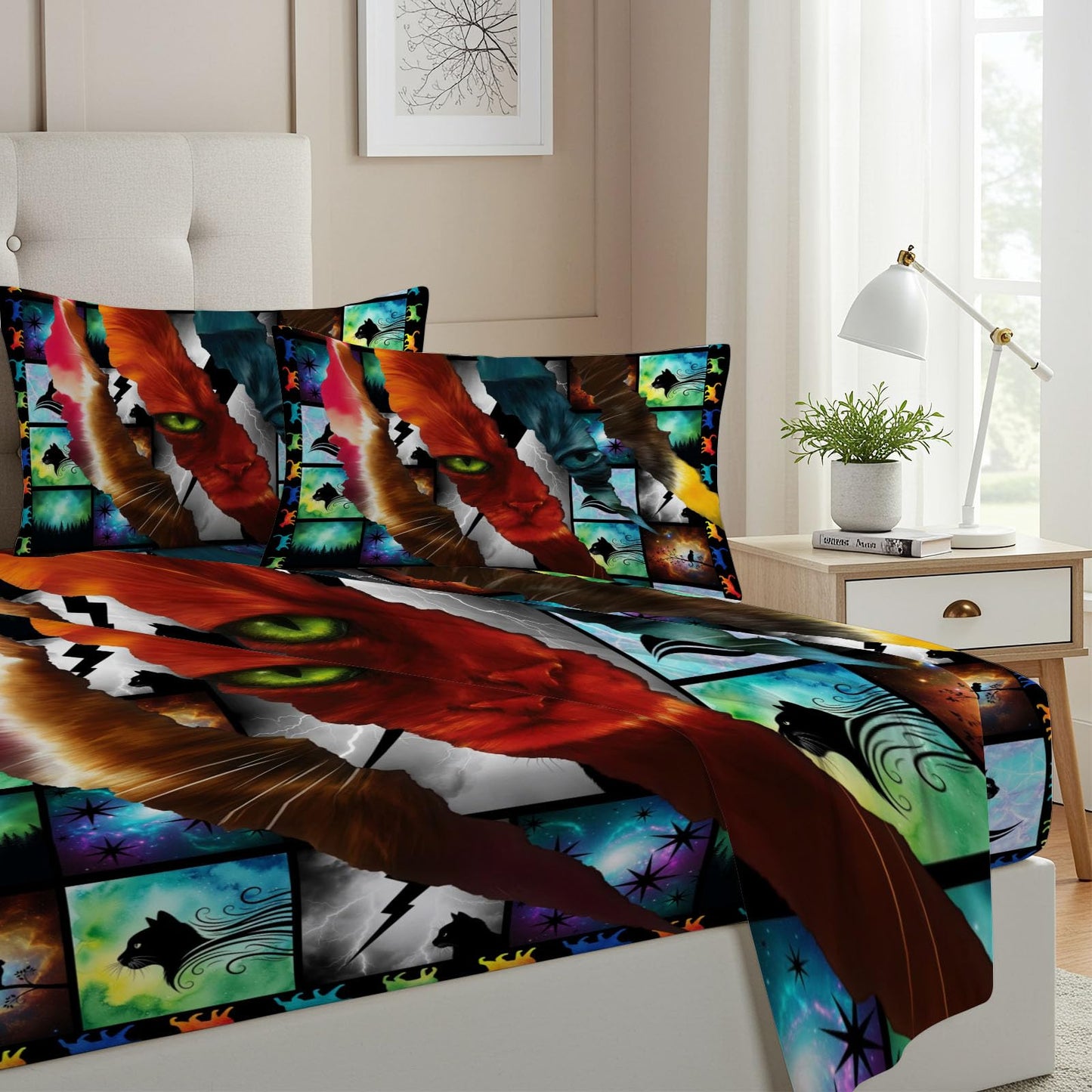 Allenjoy Forest Courage Mystery Cats Sheets Set with Fitted Sheet, Flat Sheet and 2 Pillowcases for Boys Men Teens Son Fans Bedding Bedroom Decor, Full Size