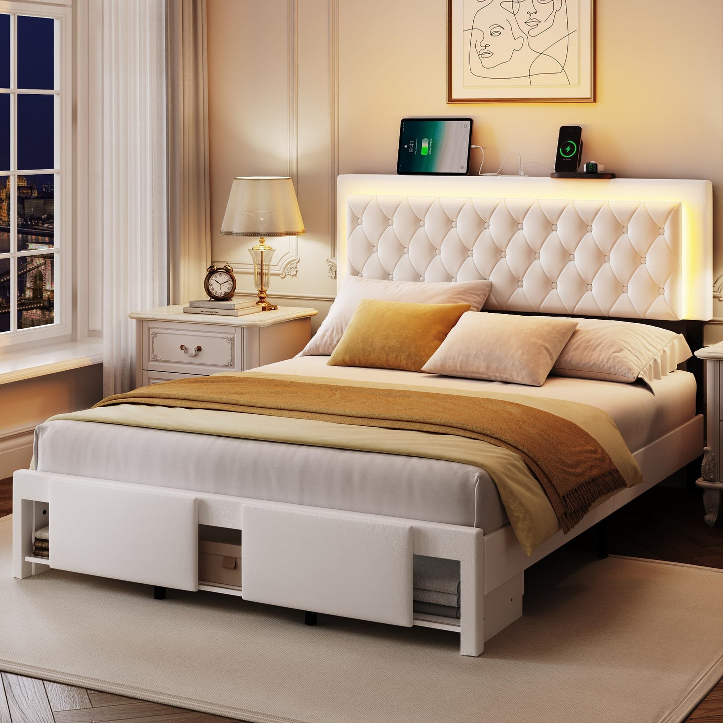 MARMONS Queen Bed Frame with Button Tufted Headboard, Queen Size Upholstered Platform Bed Frame with LED Lights/Charging Station/Footboard Storage, Wooden Slats, No Box Spring Needed, White