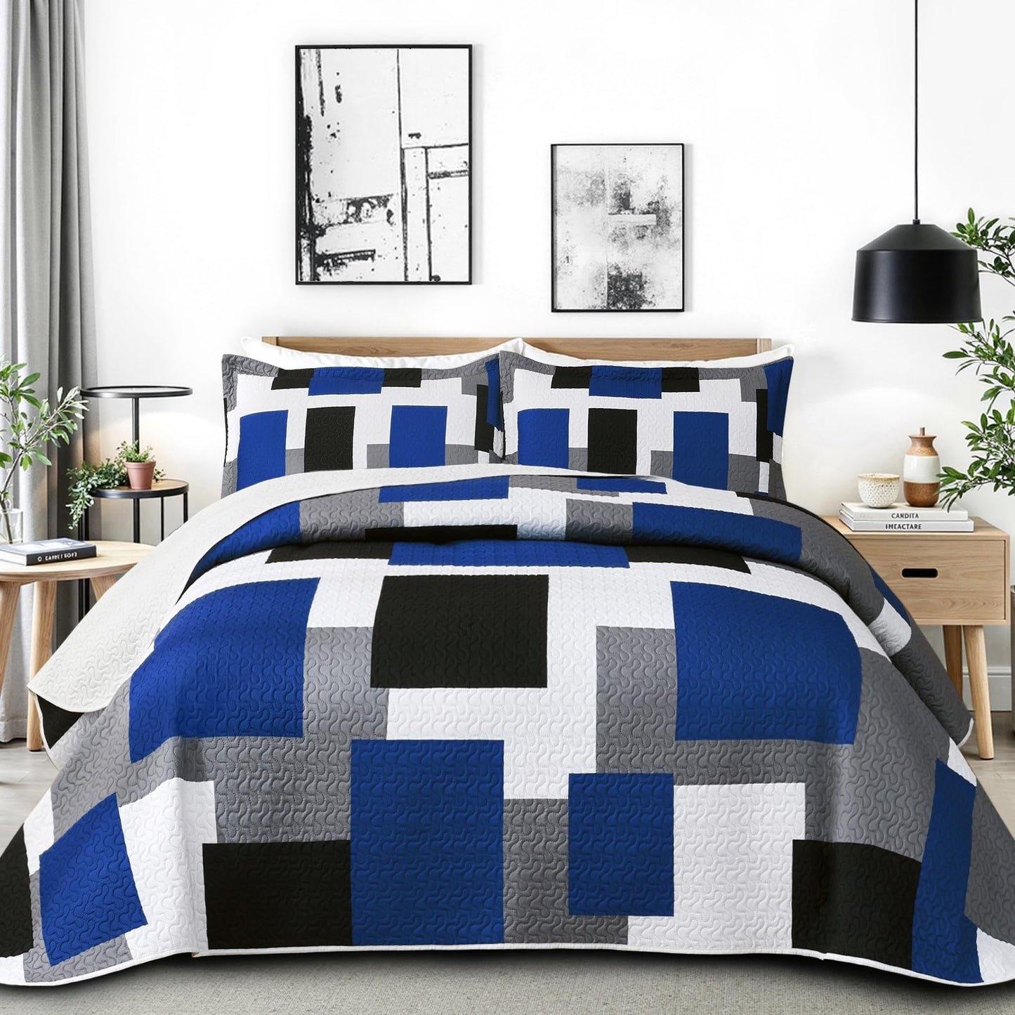 Tyrot 3 Piece Blue White Grey Quilt Set King Size Black White Geometric Reversible Bedding Set Microfiber Lightweight Bedspread Coverlet with 2 Shams Modern Bed Covers for All Season, 106''x96''