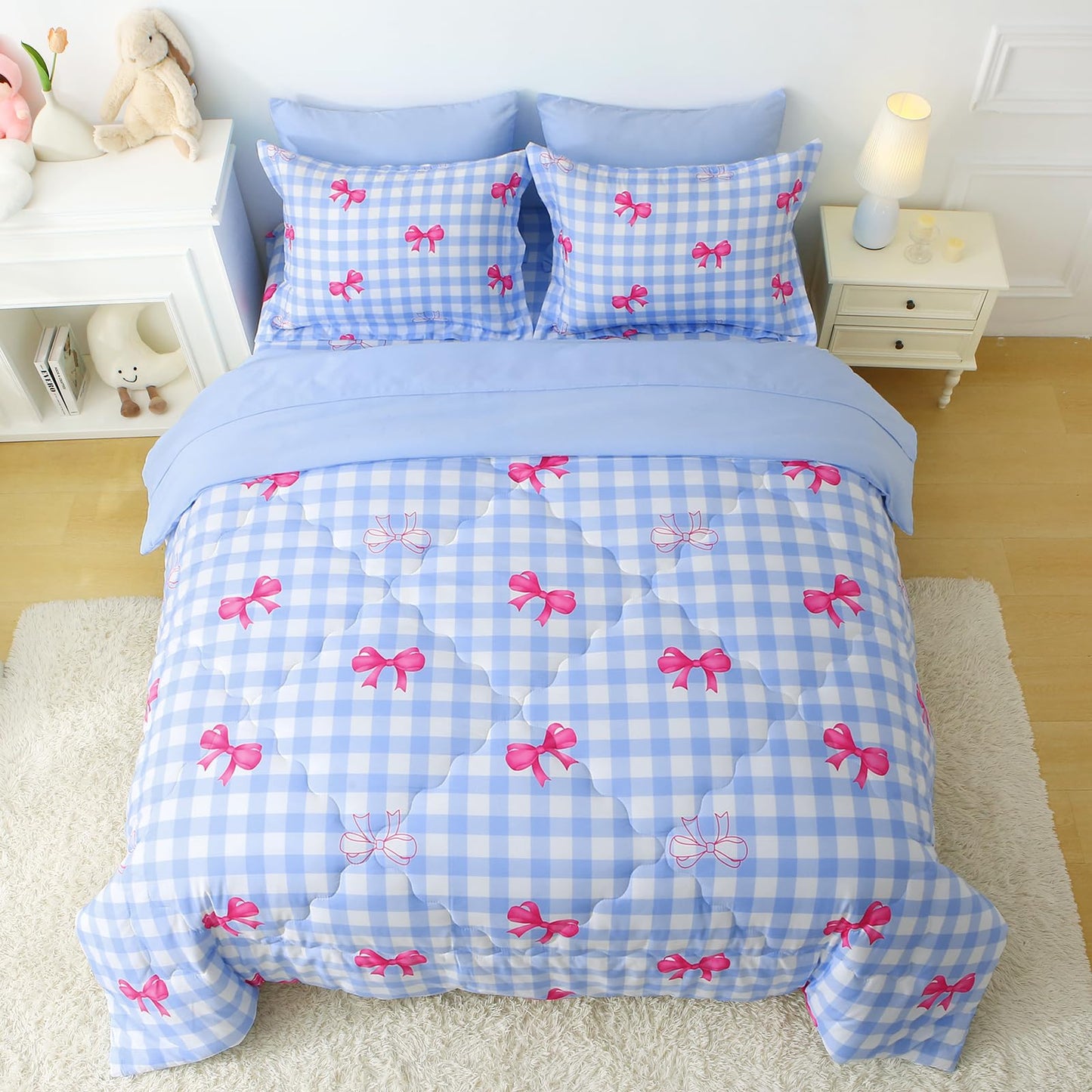 Wajade Bow Comforter Set 7 Piece Blue White Plaid Comforter Sets for Girls Kids Full Size Checkered Bedding Set with Sheet and 2 Pillowcases 2 Pillow Shams Cute Girls Bed in a Bag as Birthday Choice