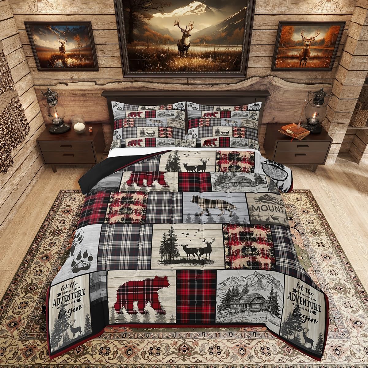 Rustic Cabin Comforter Set Queen Woodland Wolf Deer Bear Comforter For Kids Adults,Red Black Buffalo Plaid Bedding Set Wildlife Camping Lodge Mountain Quilt Bedding Southwestern Farmhouse Decor
