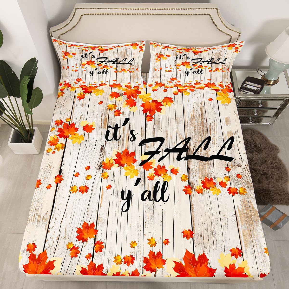 Fall Maple Leaves Sheet Set Queen Autumn Nature Botanical Bed Sheets Rustic Farmhouse Fall Bedding Set For Kids Adults Soft Breathable Fitted Sheet Orange Gold Beige Flat Sheet 2 Pillow Cases