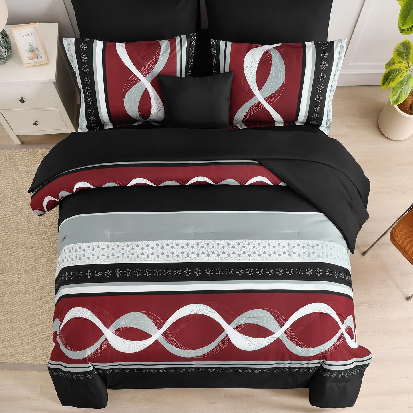Anibedding Burgundy Comforter Set Queen Size, 8 Pieces Striped Bed in a Bag, Patchwork Comforter with Sheets Set Soft Microfiber Boho Bedding Sets(90"×90")