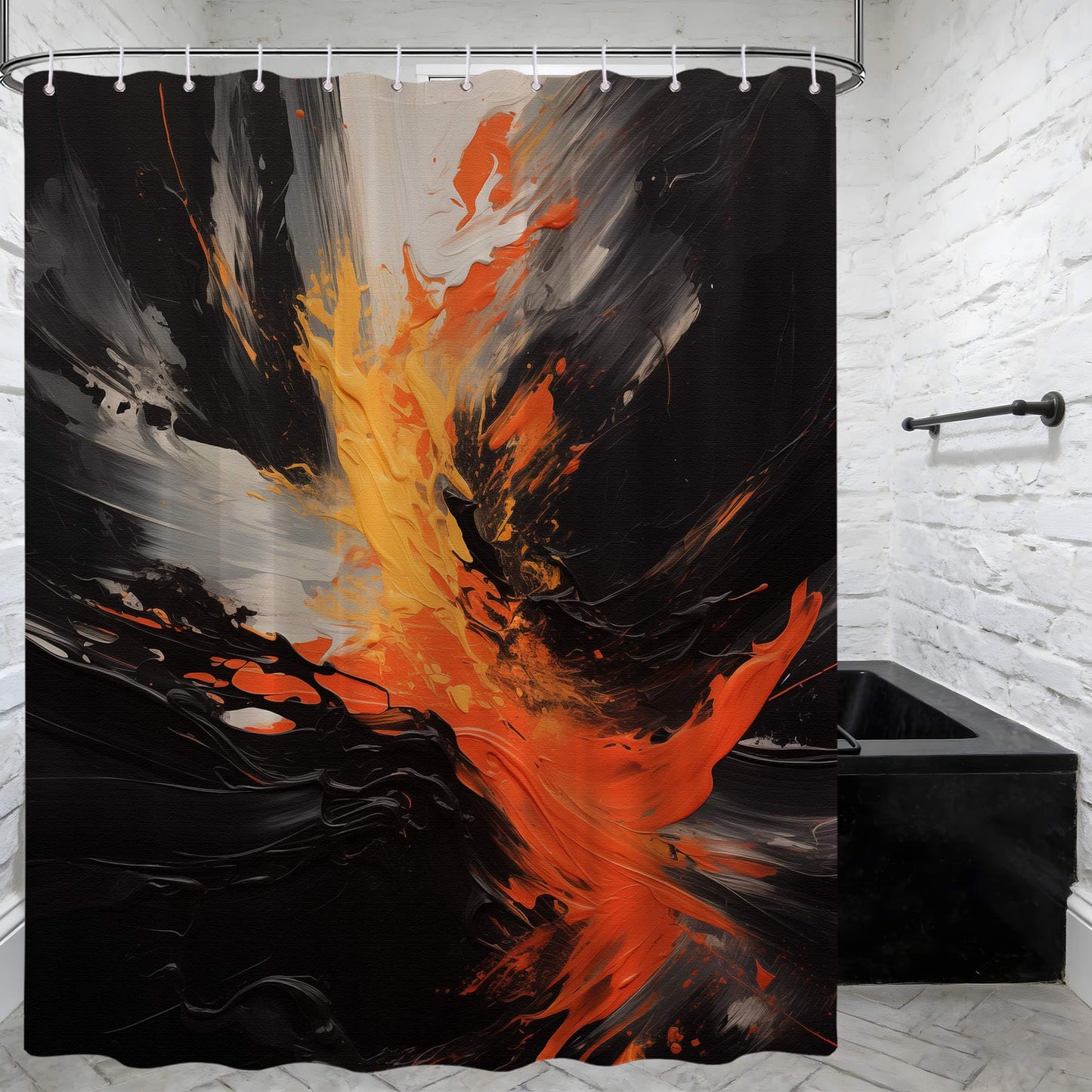 dueeia Orange and Black Shower Curtain Orange Abstract Art Painting Shower Curtains for Modern Bathroom Decor, Waterproof Fabric 70 x 72 inch with Hooks