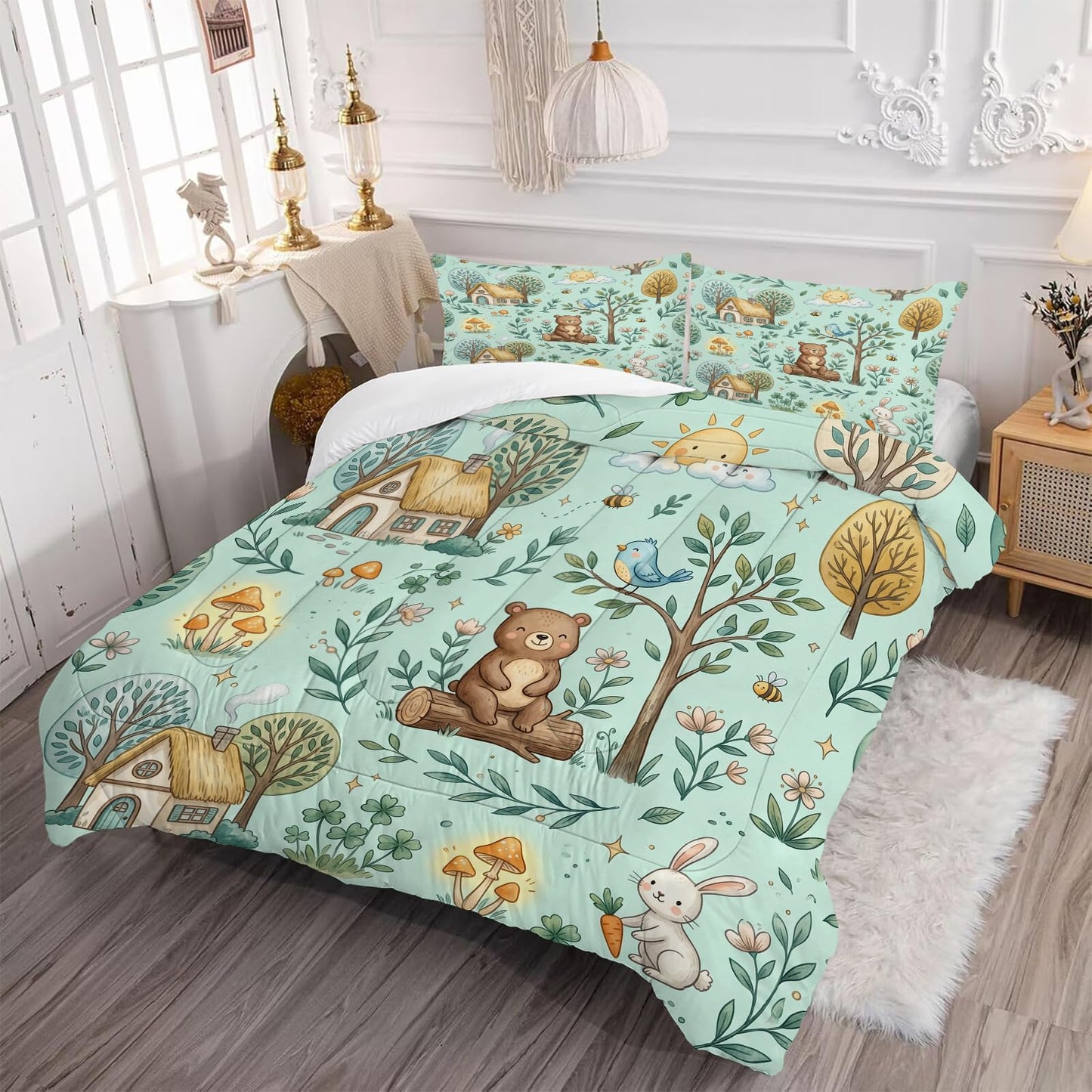 DJNEAR Cute Woodland Animal Comforter Set Twin Size, Bear and Rabbit Print for Kids Boys Girls Teens, Soft Microfiber Room Decor 1 Comforter 1 Pillowcase