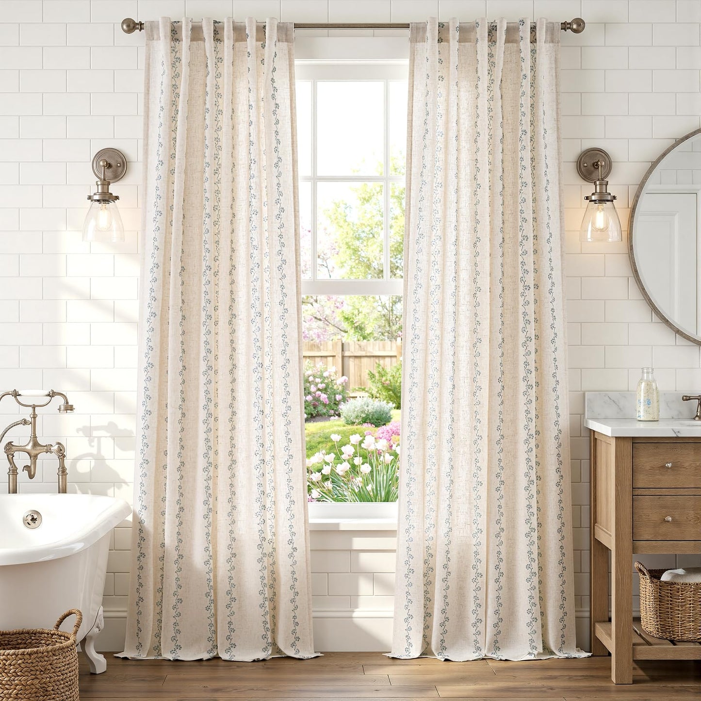 Lazzzy Cathy Blue Linen Floral Curtains 84 inches Long Semi Sheer Drapes 2 Panels for Living Room Bedroom Privacy Light Filtering Curtains Rod Pocket Back Tab 50"x84" Blue on Linen
