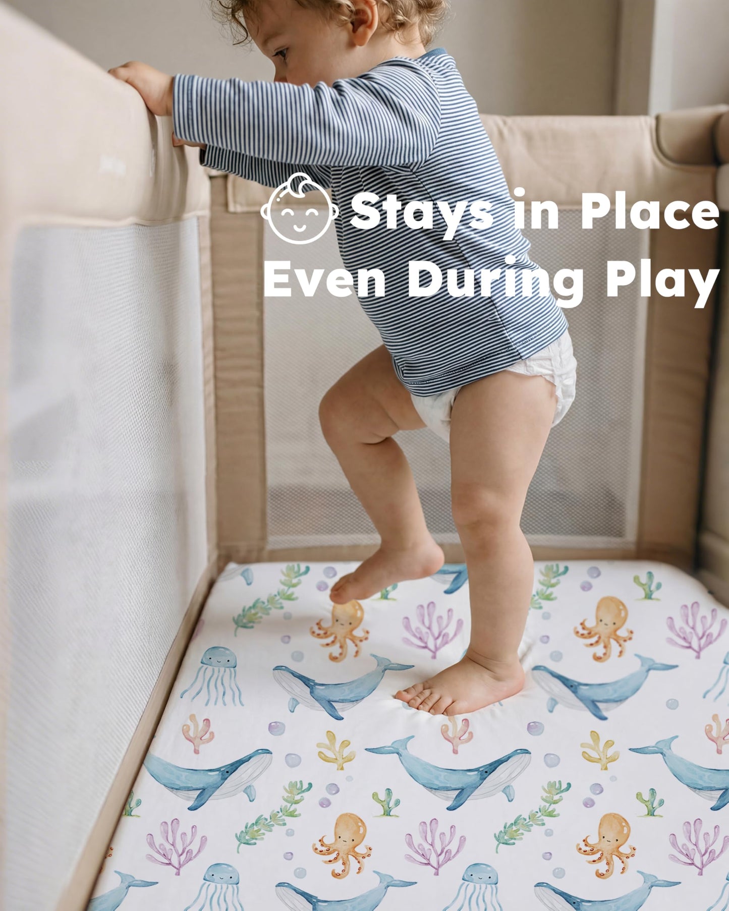 Nyessmee Pack and Play Sheets for Boys Girls, 38" x 26" Mini Crib Sheets Fitted for Pack n Play Mattress, Soft Breathable Playard Sheets, 2-Pack Blue Ocean