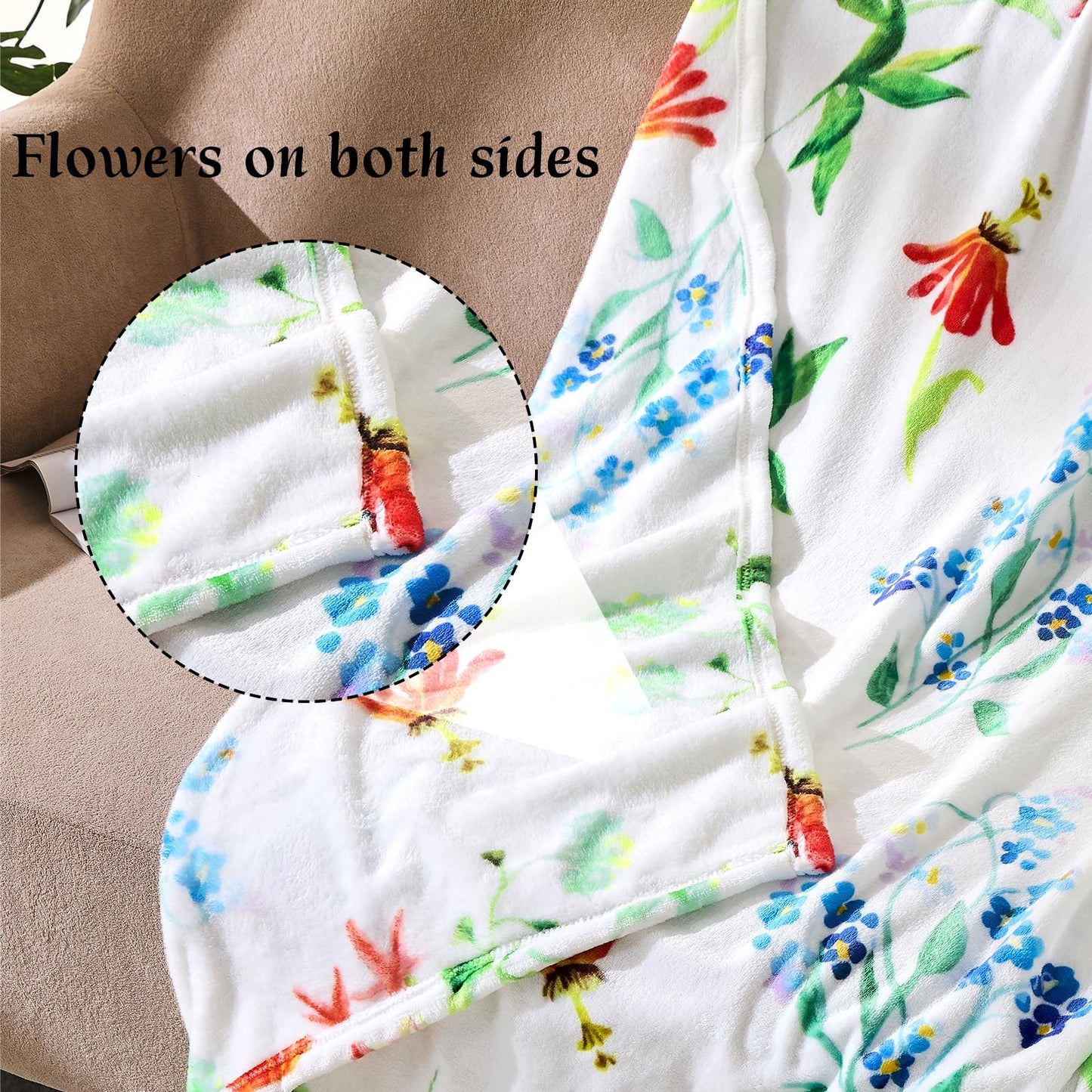 Jameswish Floral Throw Blanket Birthday Gift for Women Mom Girls Flowers Blanket Summer Wildflower Flannel Blanket Watercolor Printed Throw for Couch Sofa Bed Chair 50"x60"