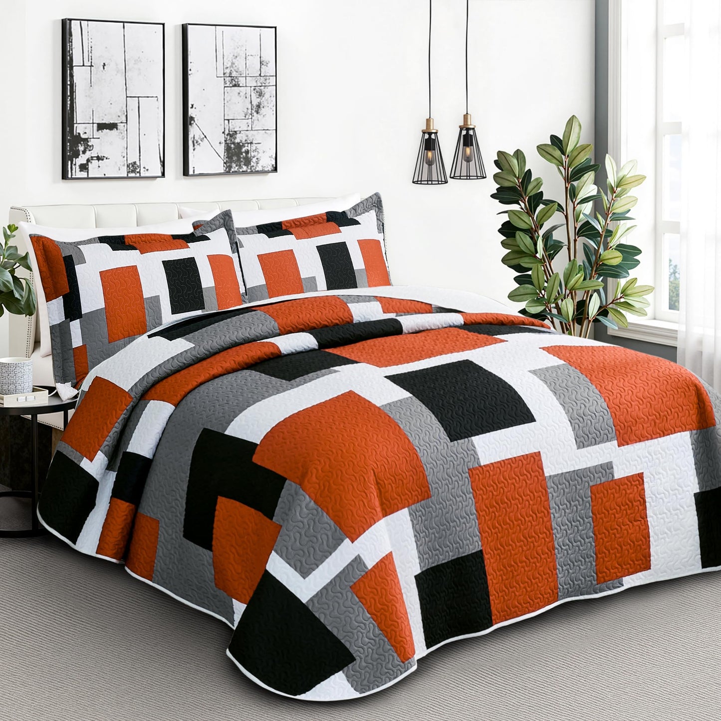 Tyrot 3 Piece Orange Grey Quilt Set Full/Queen Size Black White Gray Geometric Reversible Bedding Set Microfiber Lightweight Bedspread Coverlet with 2 Shams Modern Bed Covers for All Season, 90''x96''