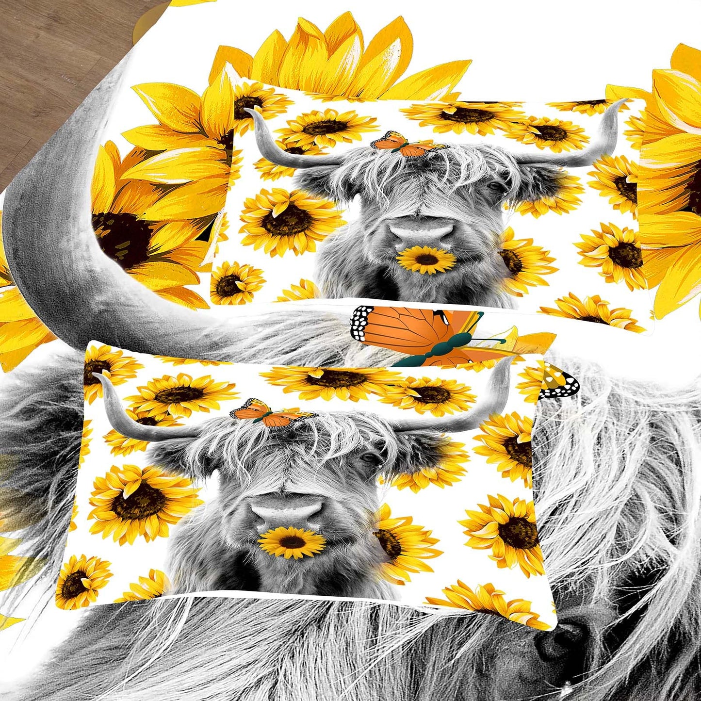 Tailor Shop Highland Cow Bedding Set Full Size ，Farmhouse Sunflower Highland Cattle Wild Animal 3D Print Comforter 3 Pcs Sets,with 1 Comforter 2 Pillowcases……