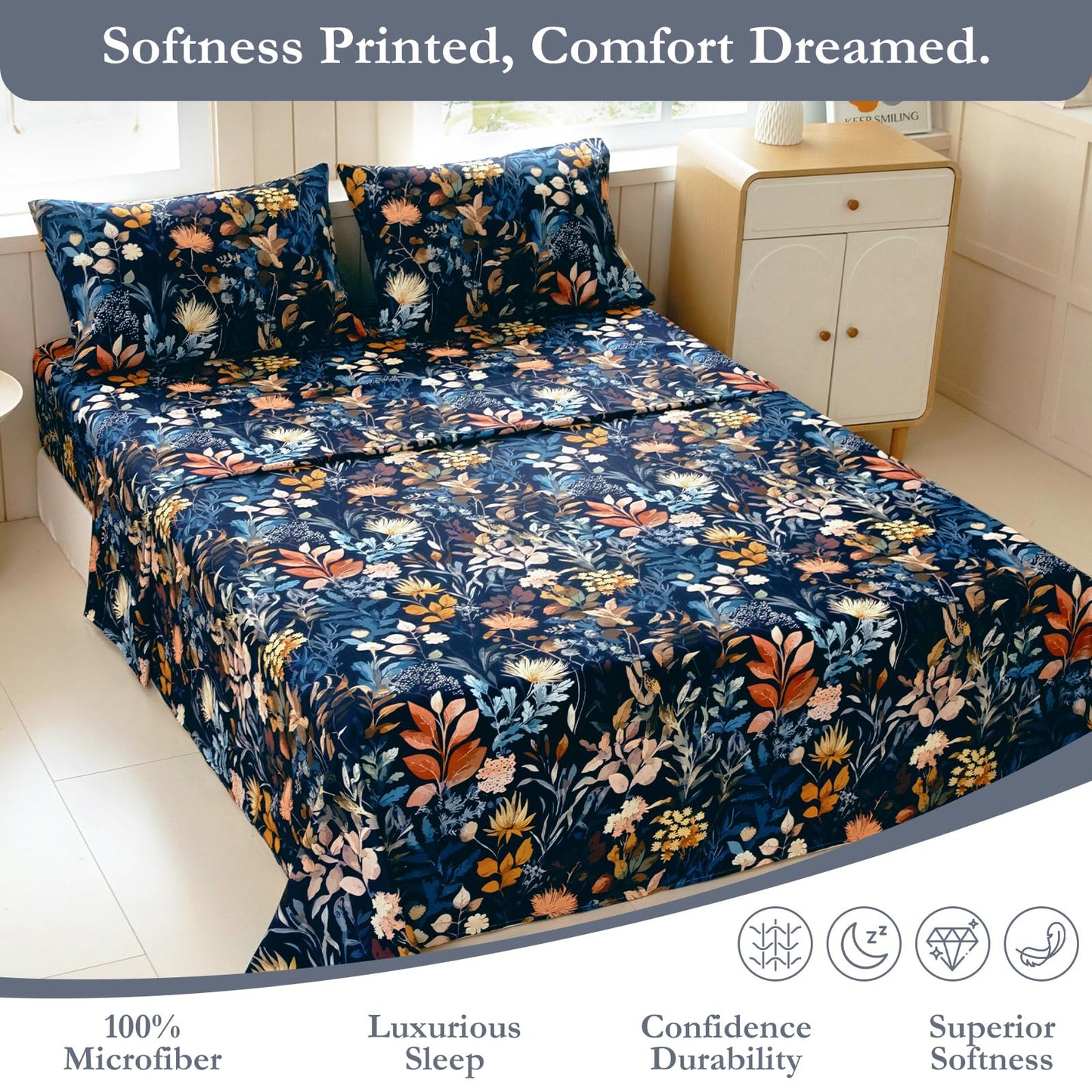 MICORAL Boho Floral Queen Sheet Set, 4-Piece Printed Botanical Bed Sheets, 16" Deep Pocket, Ultra Soft & Cooling Sheet, Oeko-TEX Certified, Midnight Blooms