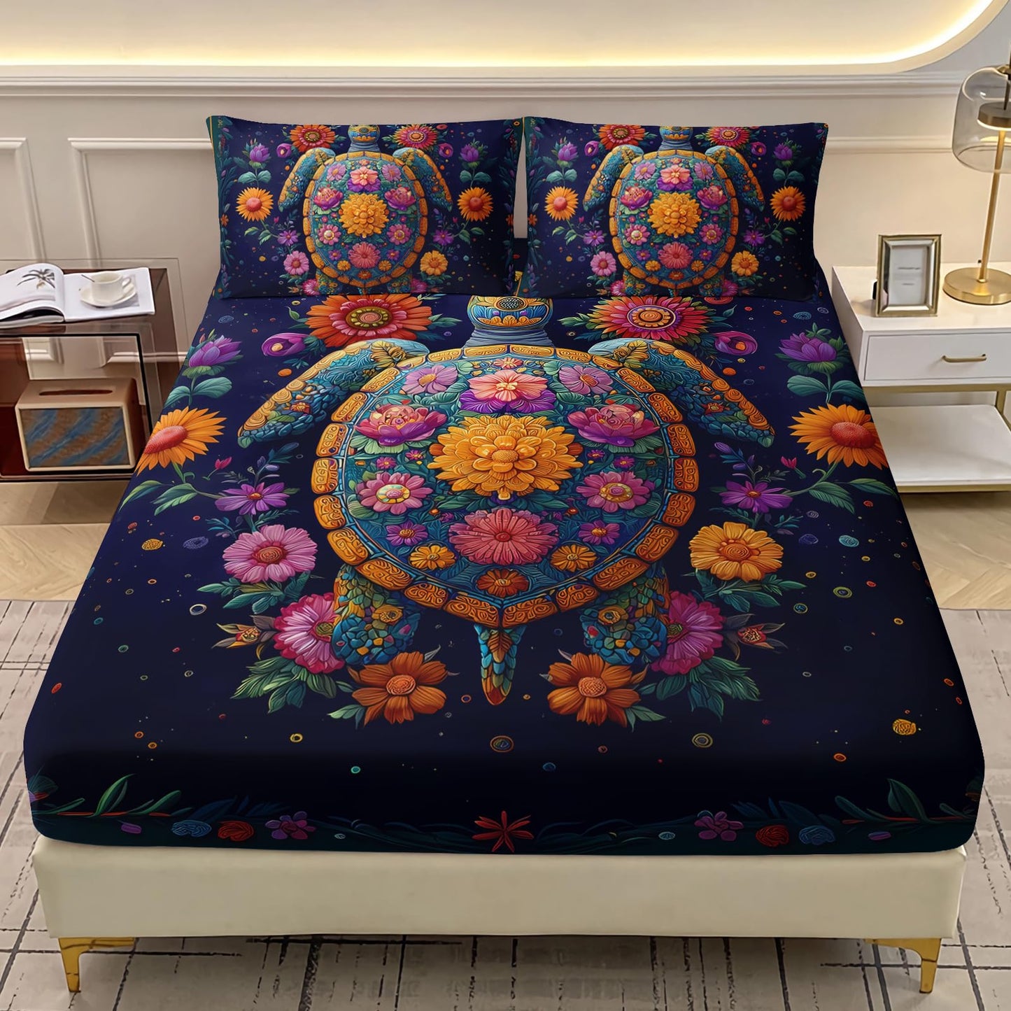 AILONEN Sea Turtle Fitted Sheet Set Twin,Colorful Floral Turtle Bed Sheet Set for Girls Women,Beautiful Flowers Ocean Animal Deep Pocket Sheets with 2 Pillowcases,3-Piece