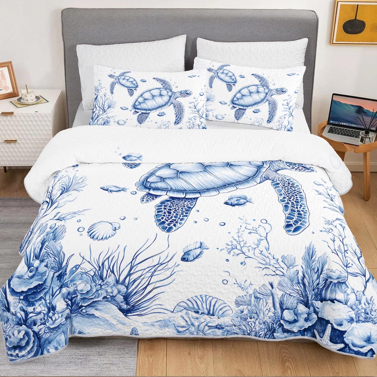 HOSIMA Sea Turtle King Size Quilt,Sea Turtle Print Lightweight Quilt,Shells Fish and Corals Pattern Coastal Bedding for Room Decor,Ocean Themed Bedding with 2 Pillowcases.