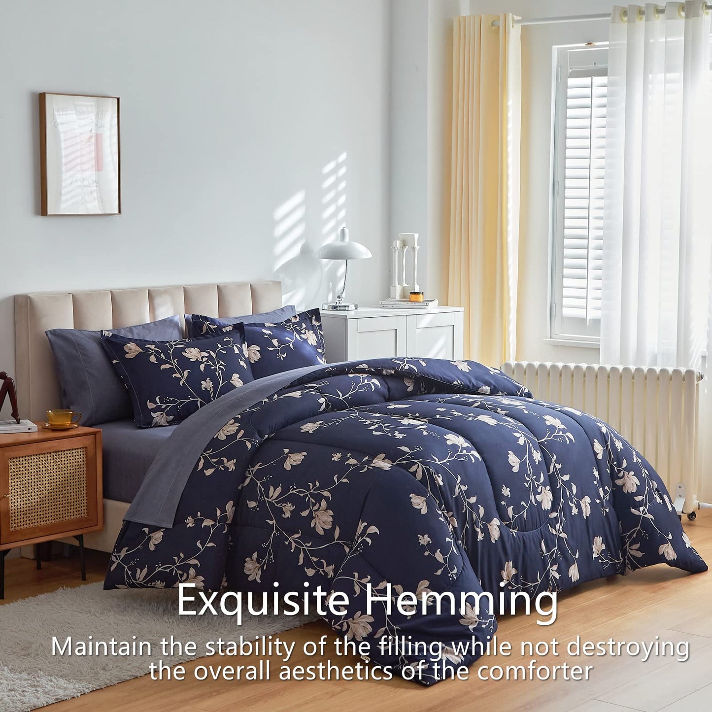 AIKASY Bed in a Bag Queen Comforter Set，7 Pieces Floral Comforter Set Bedding Sets with (1 Comforter, 2 Pillow Shams, 1 Flat Sheet, 1 Fitted Sheet, 2 Pillowcases) (Navy, Queen)