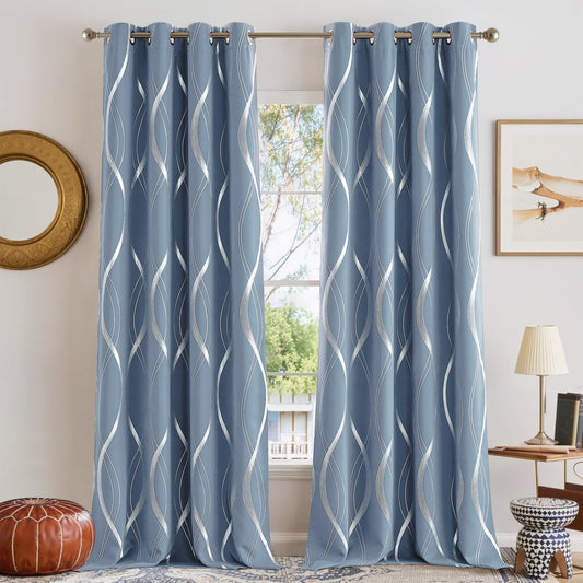 NICETOWN Dusty Blue Patterned Stripe Curtains for Bedroom and Patio, W52 x L84 inch, Wave Line Foil Print Design Morden Home Decor Room Darkening Drapes Room Divider, 2 Panels