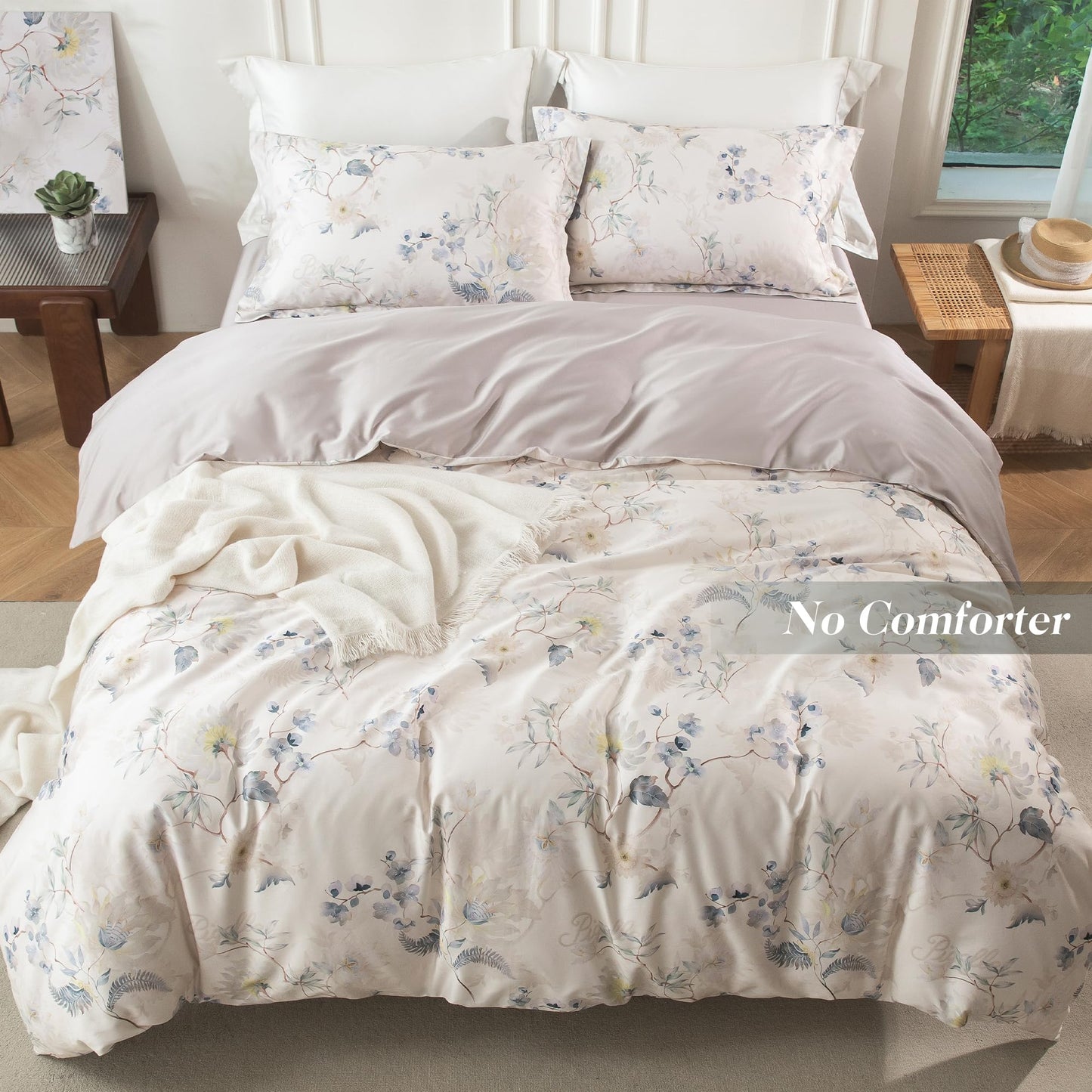 MILDLY Queen Duvet Cover Set - 100% Long-Staple Cotton Elegant Floral Patten Reversible Comforter Cover - 3Pcs Soft Breathable Luxury Bedding for All Season