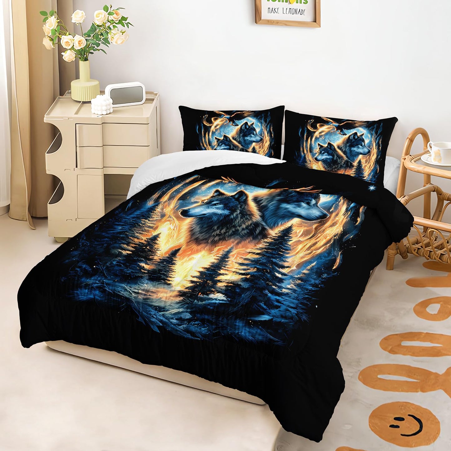 lneffble Moon Wolf Comforter Set Twin for Teen Boys Girls,Howling Wolves Comforter Forest Eagle Bed Set,Wild Animals Bedding Set for Kids Bedroom Decor,All Seasons