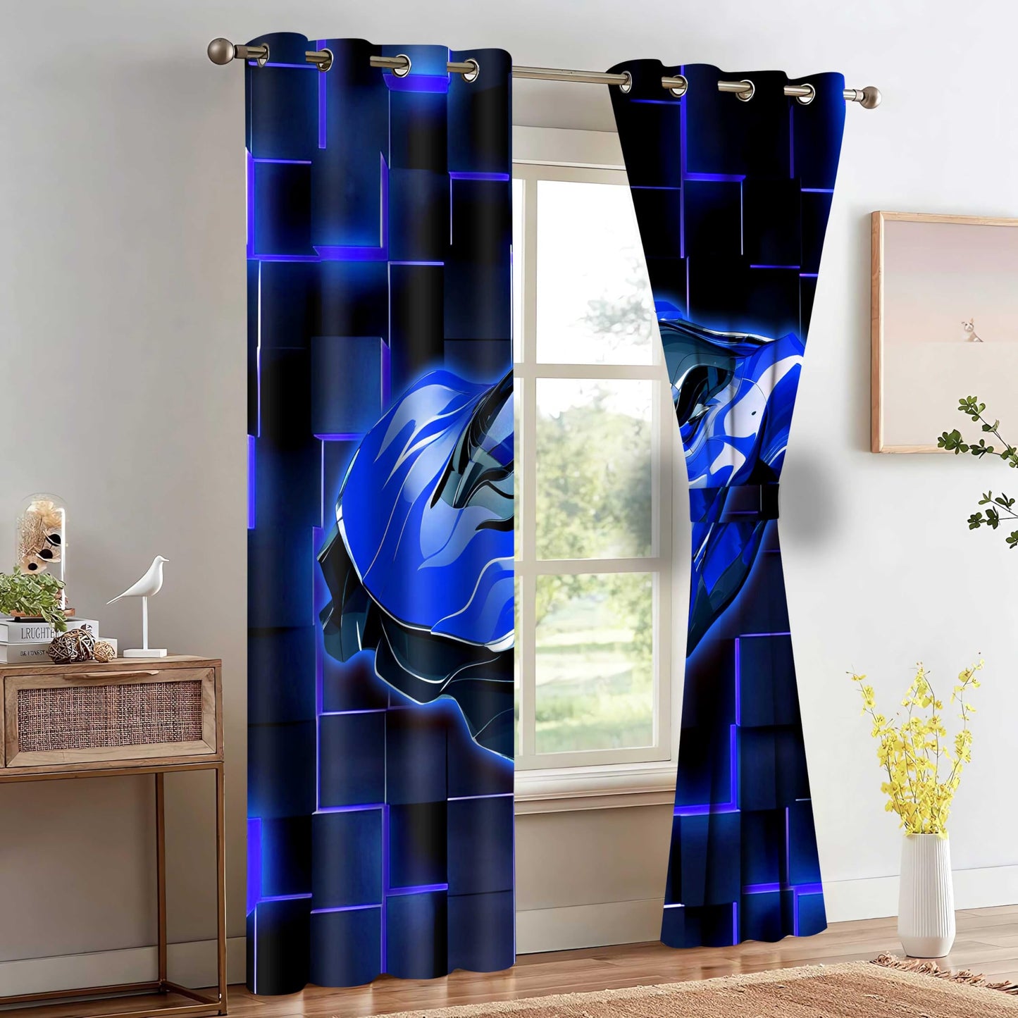 HIYSMT Race Car Curtains,Racing Blue Sports Car Curtain,4284inch Black Blue Geometric Checkered Blackout Window Drapes for Boy Bedroom Game Room 2Panels HILC07