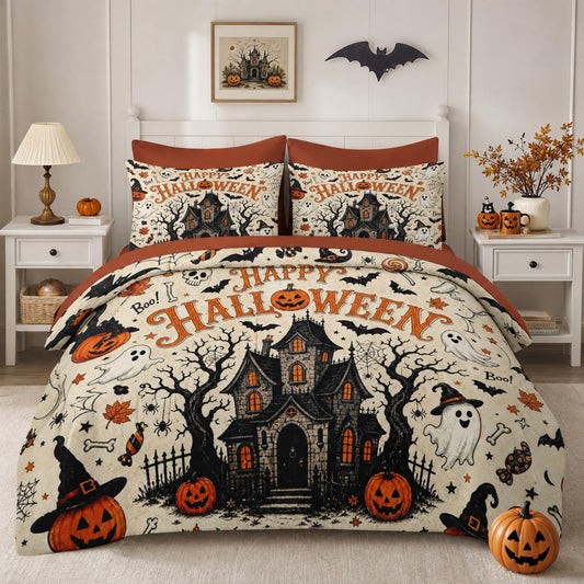 Boewywh Comforter Set Twin Size Halloween Vintage Spooky 7 Pcs, Bedding for Kids and Adults, Bed Sheet Sets with Fitted Sheet 2 Pillowcases & 2 Shams for Bedroom Bed Decor