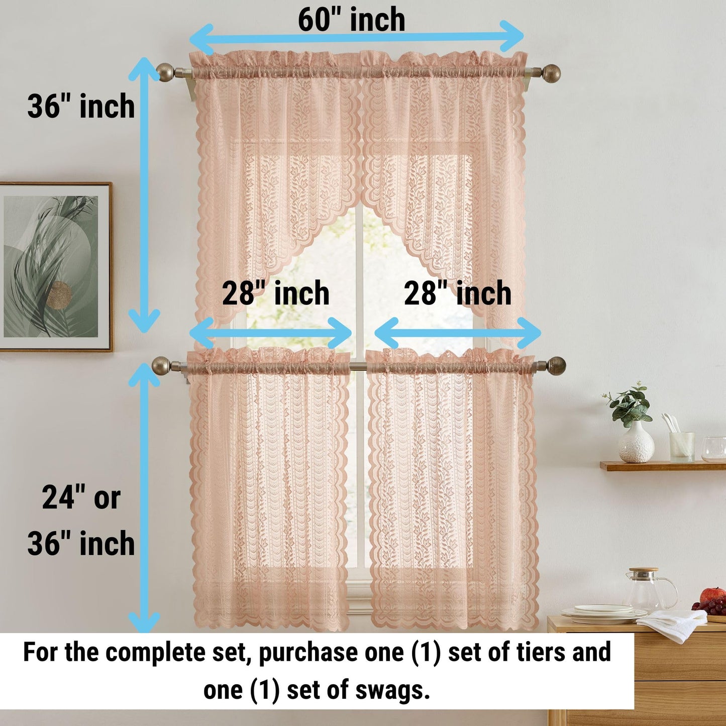 HLC.ME Sophia Floral Rod Pocket Lace Short Cafe Swags for Small Windows - 28 x 36 Inch Length (Blush Pink Swags, Set of 2)