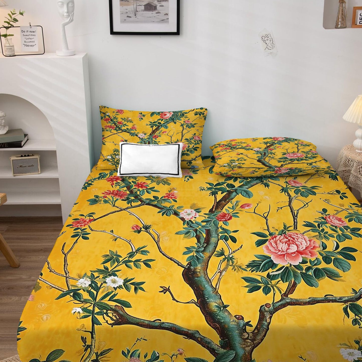Chinoiserie Flower Sheets Queen Size, Floral Tree Bed Sheets, Yellow Patterned Bedding Sheets & Pillowcases 4 Piece Set - Soft Microfiber Deep Pocket Fitted Sheet & Flat Sheet & 2 Pillow Cases L&n-19
