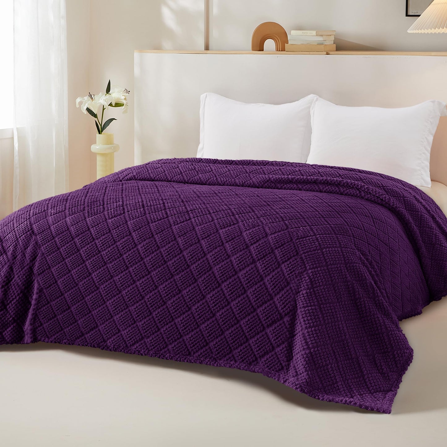 Whale Flotilla Fuzzy Fleece King Size Blanket for Bed, Soft Fluffy Jacquard Waffle Blankets for All Season, Lightweight and Cozy, 90x104 Inch, Purple