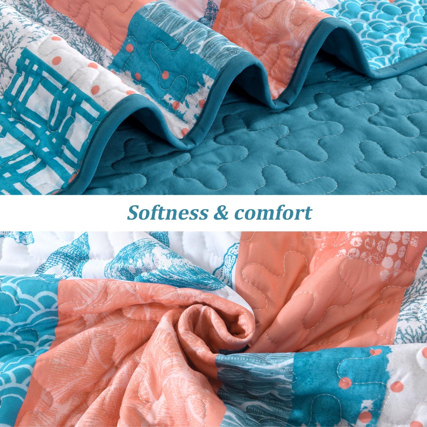 Xruibed Coral Pink Ocean Quilt Set Queen Coastal Beach Theme Quilt Soft Microfiber Bedspread with 2 Pillow Shams Patchwork Beach Bedding Quilt for All Season 90"x96"
