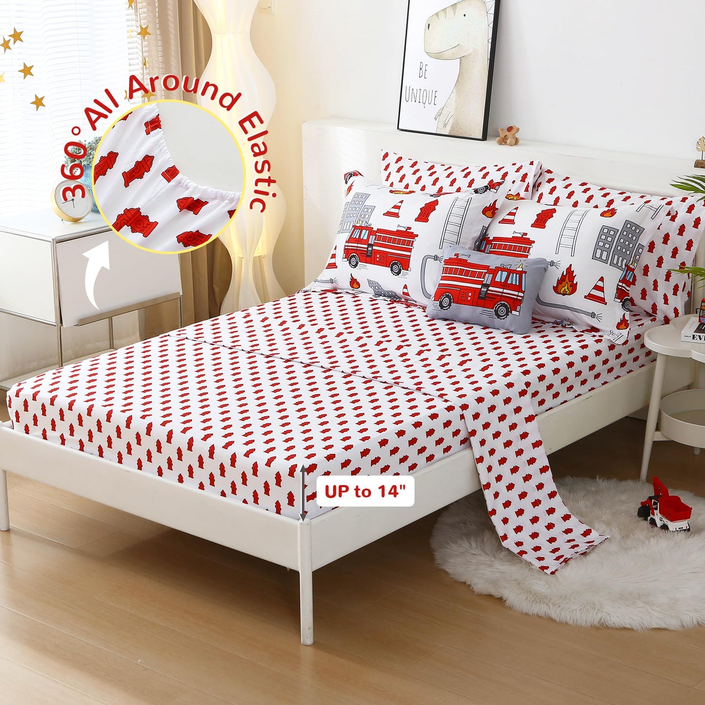 Mooreeke Kids Twin Comforter Sets for Boys 6 Pieces Fire Truck White Bedding Set for Teens Soft Microfiber Kids Bed in A Bag with Comforter, Sheet Set, Shams and Decorative Toy Pillow All Season