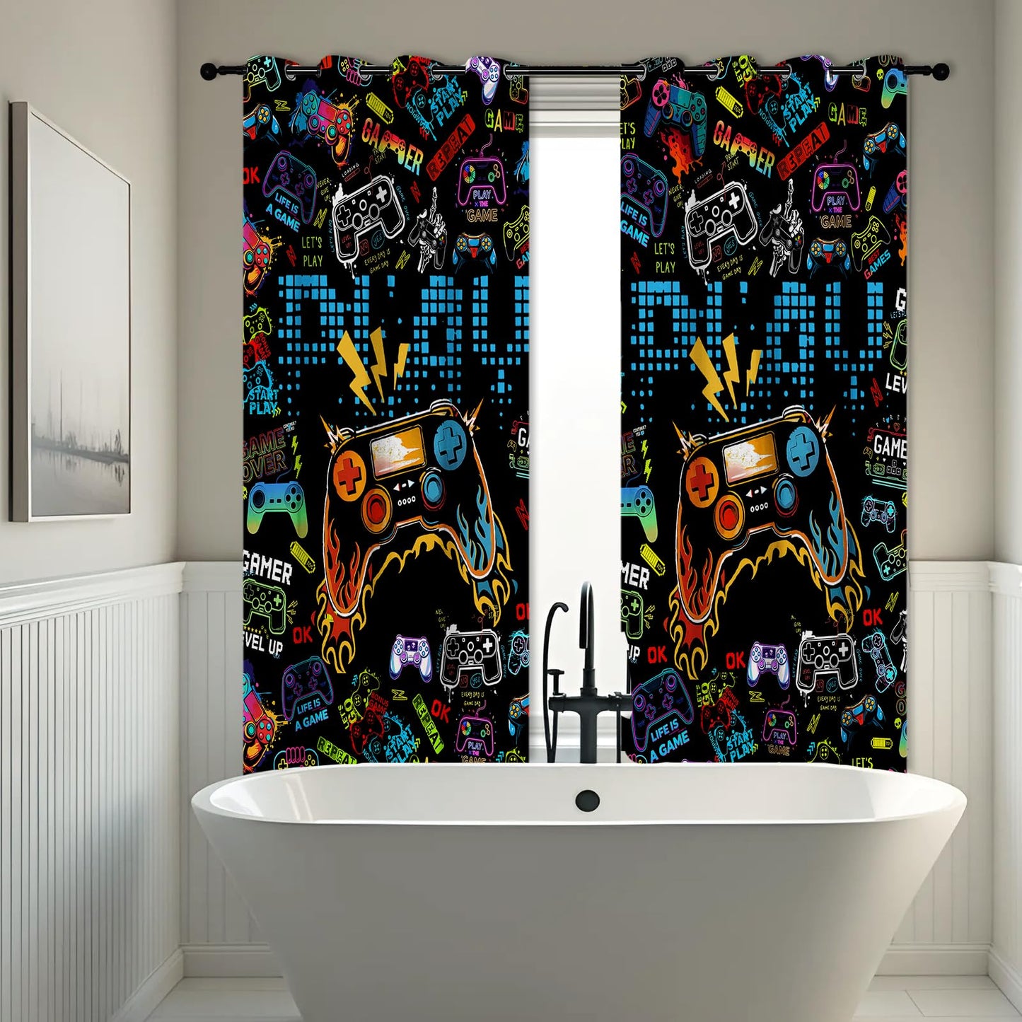 SIOQCKIS Gamepad Game Curtains for Boys Bedroom, Gaming Curtains for Boys Room, Game Controller Boy Curtain for Bedroom, 52 x 84 Inch Long 2 Panels Gamer Curtain for Kids, Video Games Window Decor