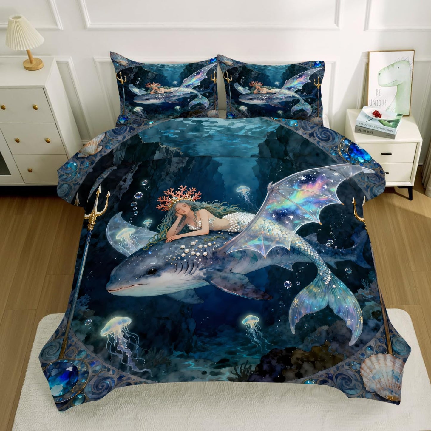 kxry Mermaid King Bedding Sets for Girls Kids, Ocean Fish Scales Quilt, Coastal Nautical Sea Animal Comforter Sets, Cute Jellyfish Duvet, Sparkle Mermaid Fish Scale Soft Comforter, 3 Pcs