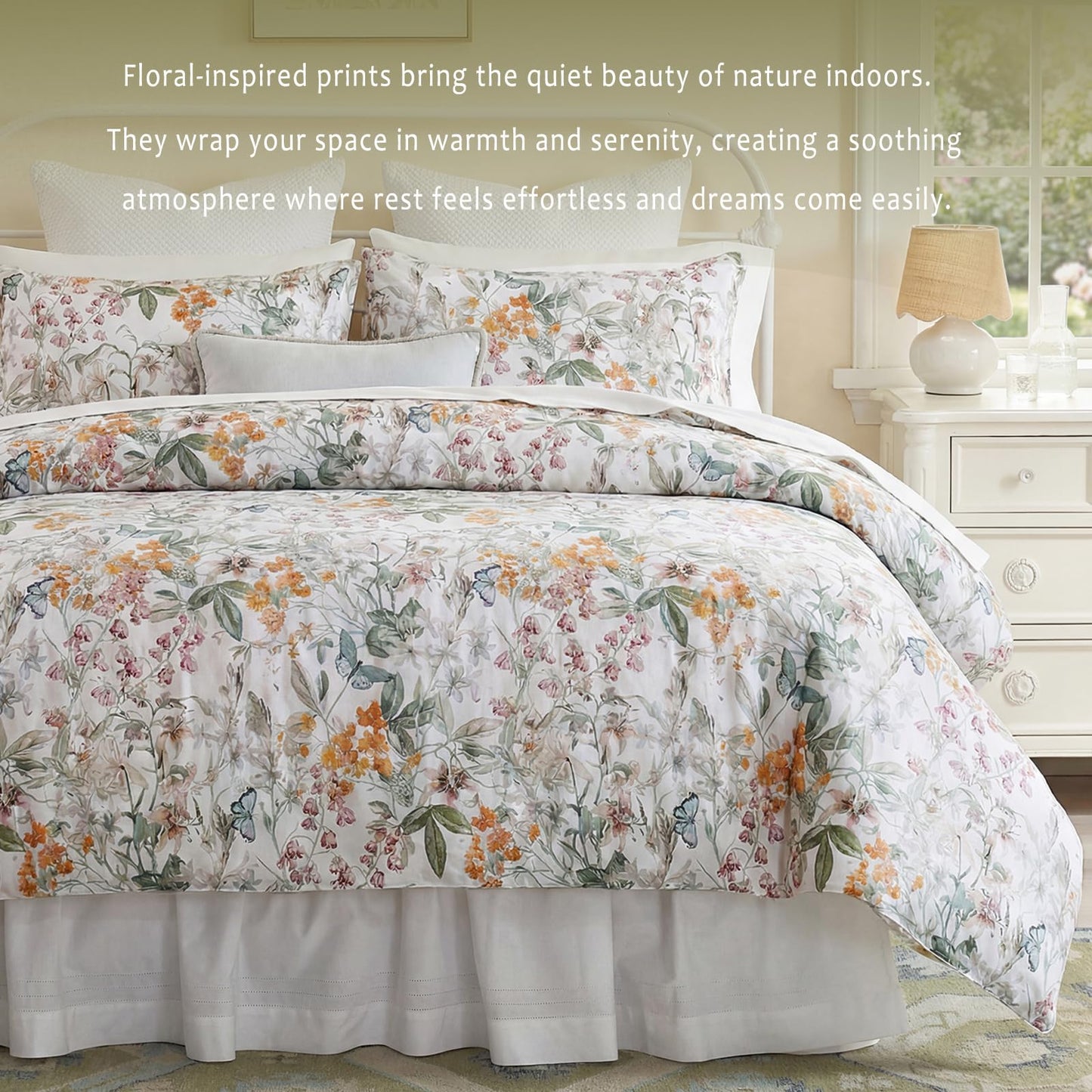 Bedorm Queen Duvet Cover 100% Cotton Floral Bedding Set with Zipper Closure Vintage Flower Leaf Botanical Bedding Soft & Durable French Country Duvet Cover Set