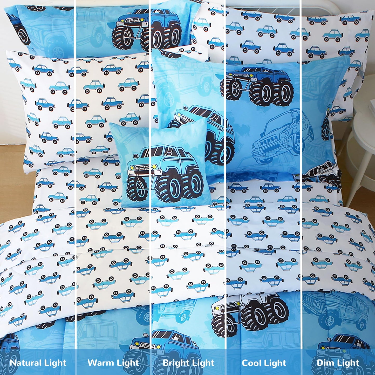 Mooreeke Kids Twin Comforter Sets for Boys 6 Pieces Truck Blue Bedding Set for Teens Soft Microfiber Kids Bed in A Bag with Comforter, Sheet Set, Shams and Decorative Toy Pillow All Season