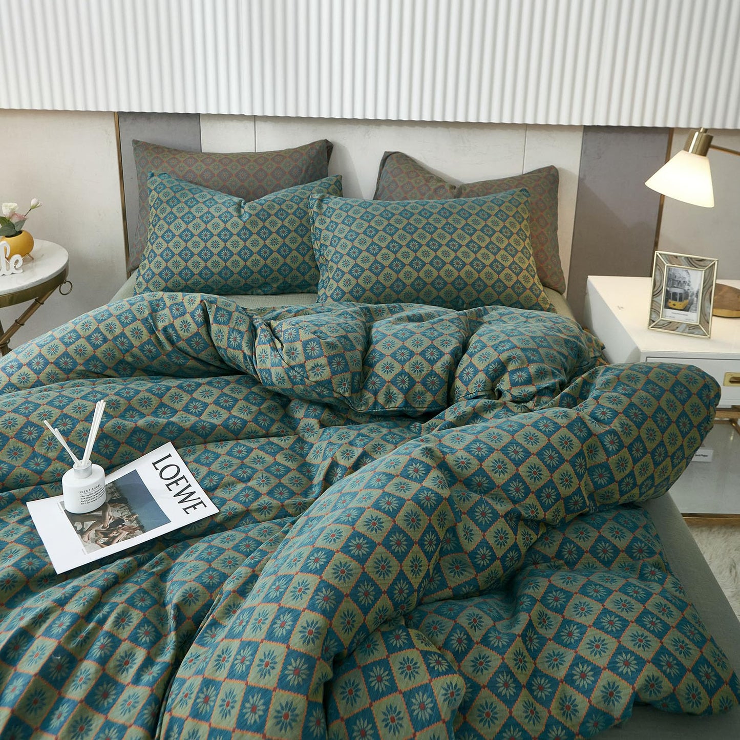 VM VOUGEMARKET Linen Cotton Duvet Cover Queen,3 Pcs Yarn-Dyed Textured Duvet Cover Set Green Flower Geometric Bedding Set,Ultra Soft and Breathable Comforter Cover Set