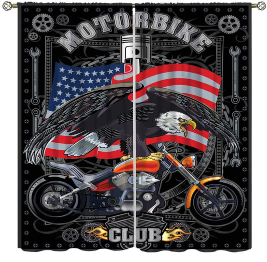 wlsgdsg Motorcycle Theme Blackout Curtains, Vintage Wild American Flag Eagle Extreme Sports Noise Engine Pattern Decor Window Treatments, Rod Pocket Drapes for Boys Teen Room Bedroom, 42x45in
