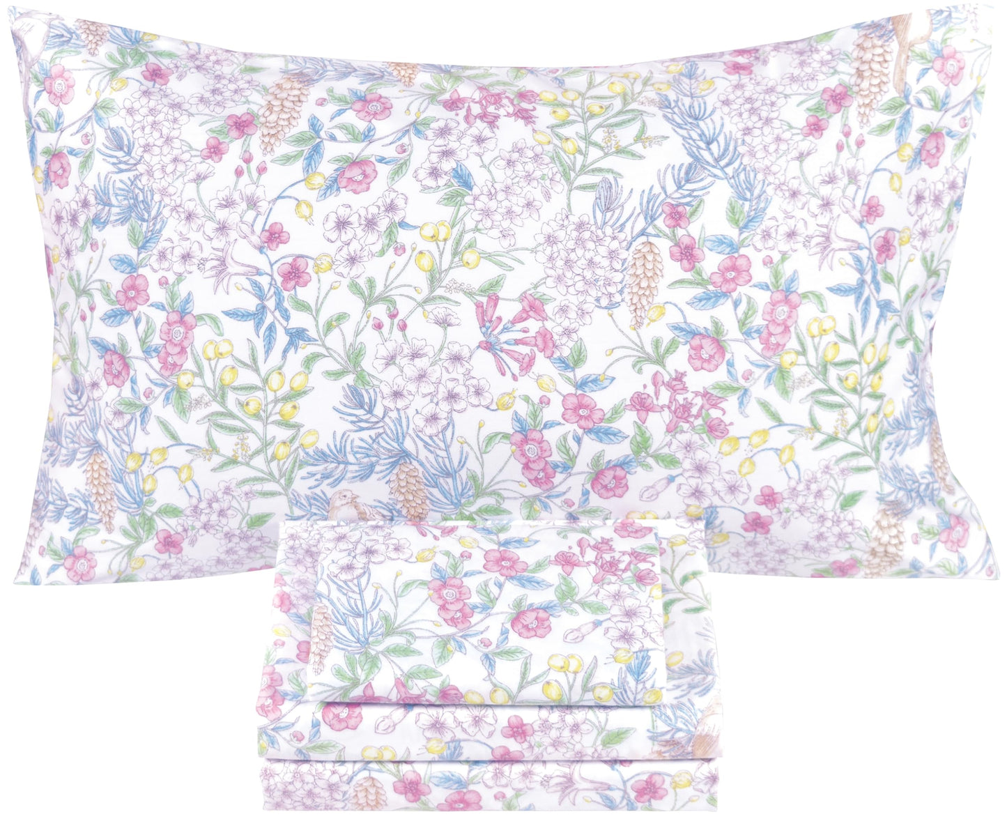 Scientific Sleep Vine Flower Plants Leaves Wild Fruit Bird Vintage Floral 100% Cotton Bed Sheet Set Kids Girls Teen, Flat Sheet & Fitted Sheet & Pillowcase Bedding Set (Botanic Garden, Twin)