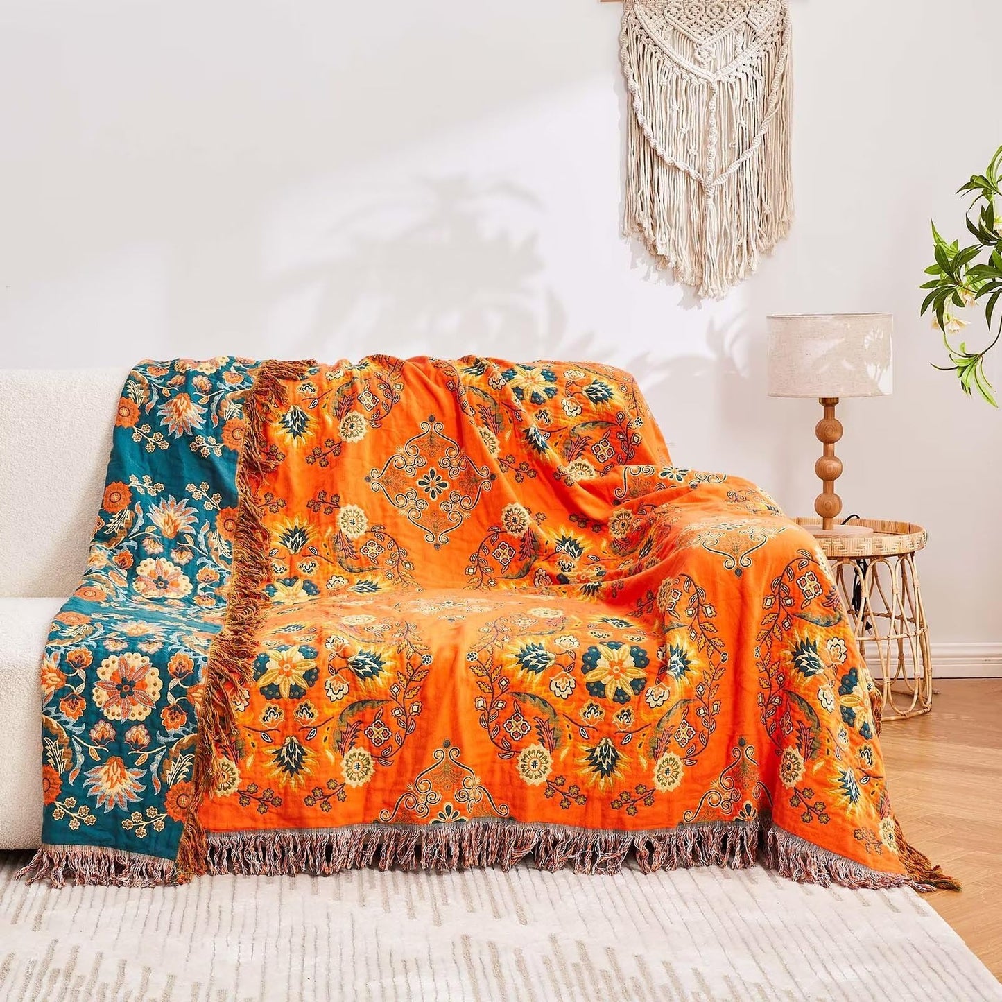 XIBLC Boho Throw Blanket, 100% Cotton Ultra Soft Luxury Throw Rustic Quilt, 60"x80" Floral Printed Farmhouse Decor Bed Summer Blankets, All Season Rustic Reversible Bohemian Throw for Bed - Orange