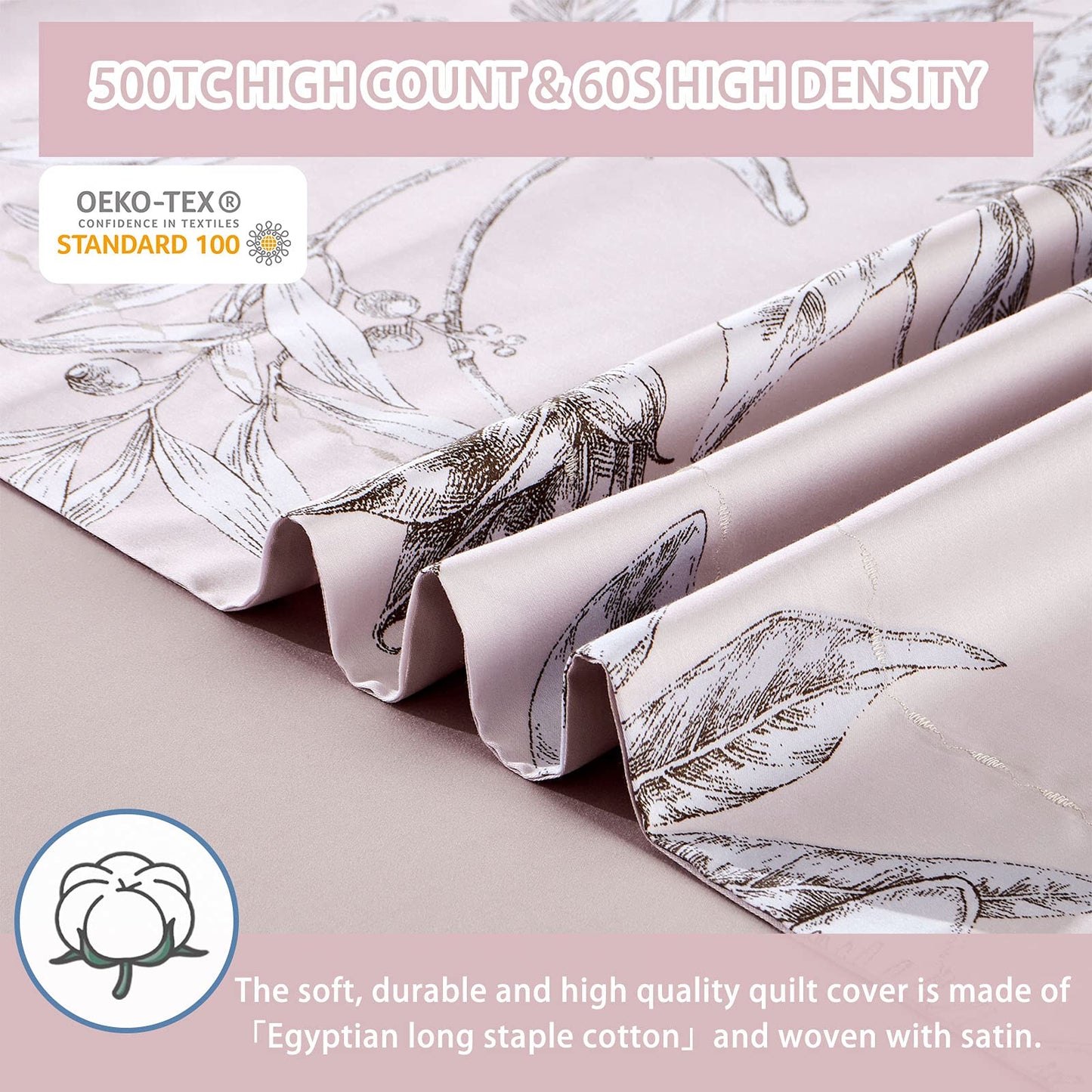MILDLY 100% Long-Staple Cotton Duvet Cover Set Light Pink Elegant Floral Pattern Printed Comforter Cover 3pcs, Ultra Soft & Breathable Bedding Set