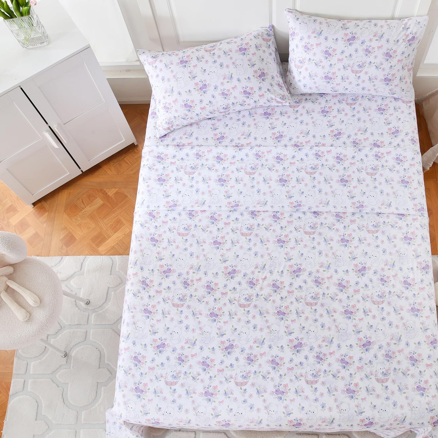 MICORAL Kids Twin Sheet Set Purple Flowers Cats, 3 Pieces Sheets for Boys & Girls, Soft Printed Microfiber Bed Sheets, Deep Pocket Cozy Toddler Bedding Set, Purple Flowers Cats