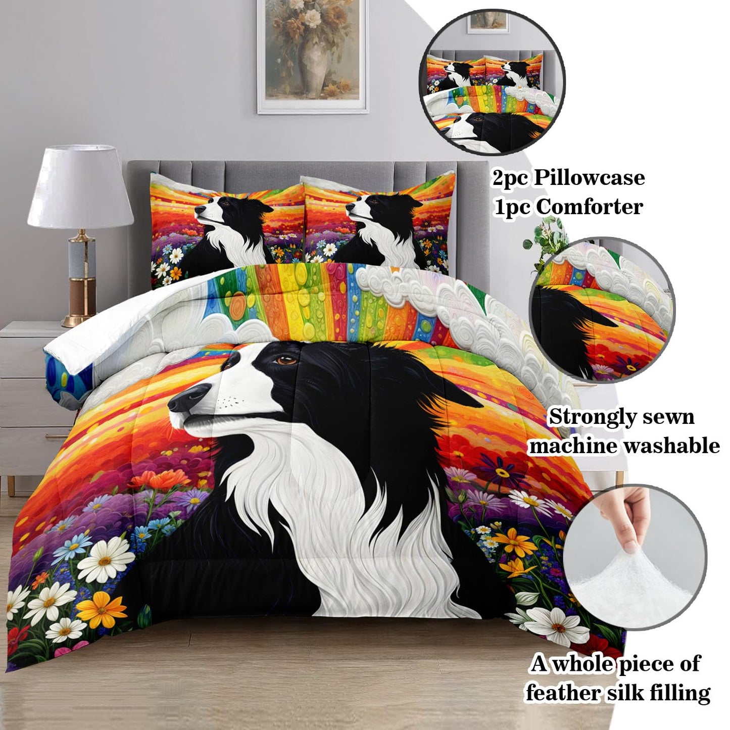 Raphus cucullatus Dog Print Comforter Set,Puppy Quilt Animal Print Bedroom Decor,Dog Bedding Puppy Comforter Set,Animal Print Twin Size Rainbow Bedding Flower Quilt Twin Size