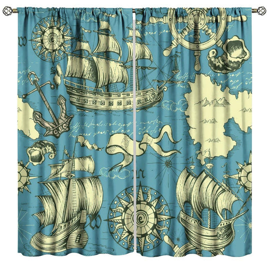 Vintage Sailboat Curtains, Retro Nautical Elements Nautical Theme Style Window Drapes, for Living Room Bedroom 42" W X 45" L (Decorative)