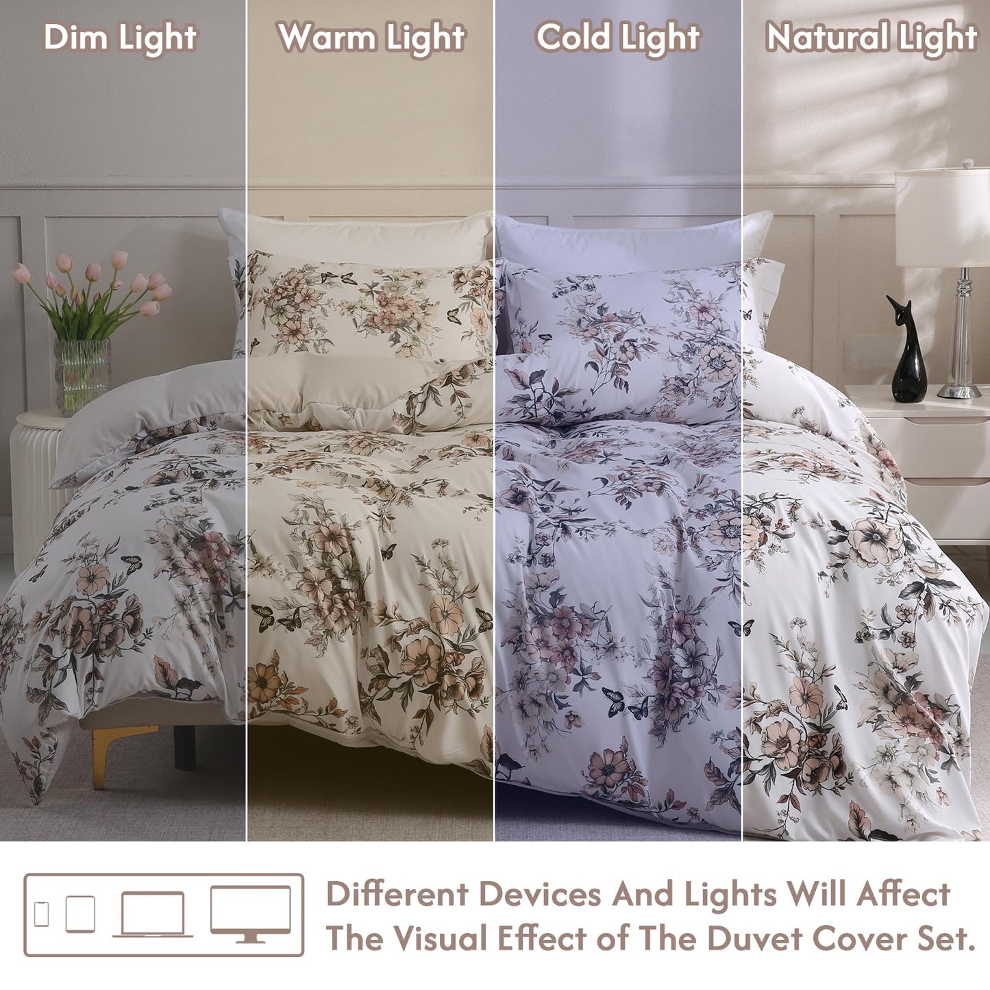 LONAVA Queen Floral 3 Pcs Duvet Cover Set, Breathable Soft Microfiber Light Grey Lining Comforter Cover with Zipper Closure, and 2 Anti-Pilling, Fade Resistant Pillowcases, Withered Flowers