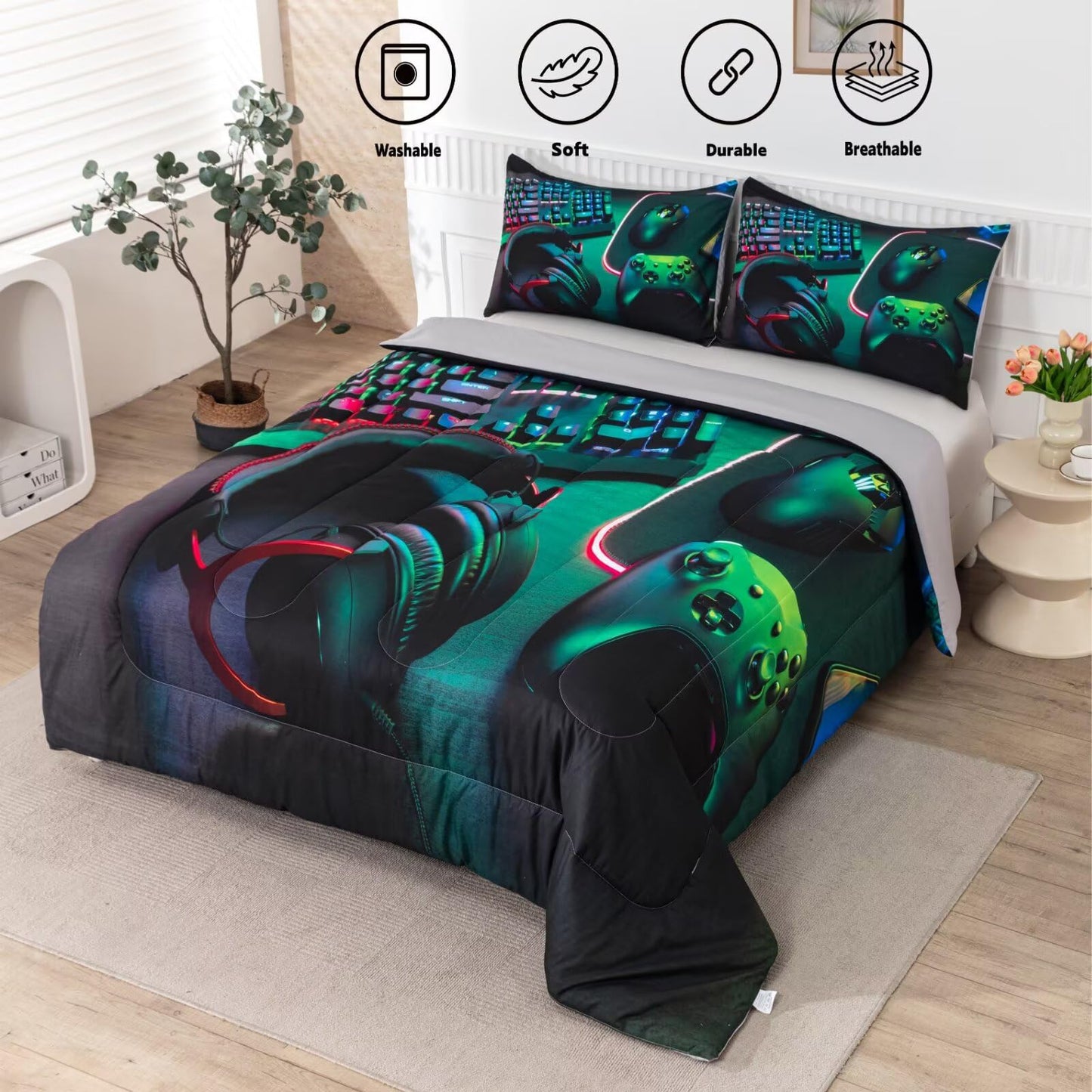 GRAT TIOC Gamer Comforter Sets for Teen Boys,Gaming Bedding Sets Twin,Video Game Bedspread,Game Gamepad Bedrooom Bed Set,Controller Gamer Home Decor 3 Piece