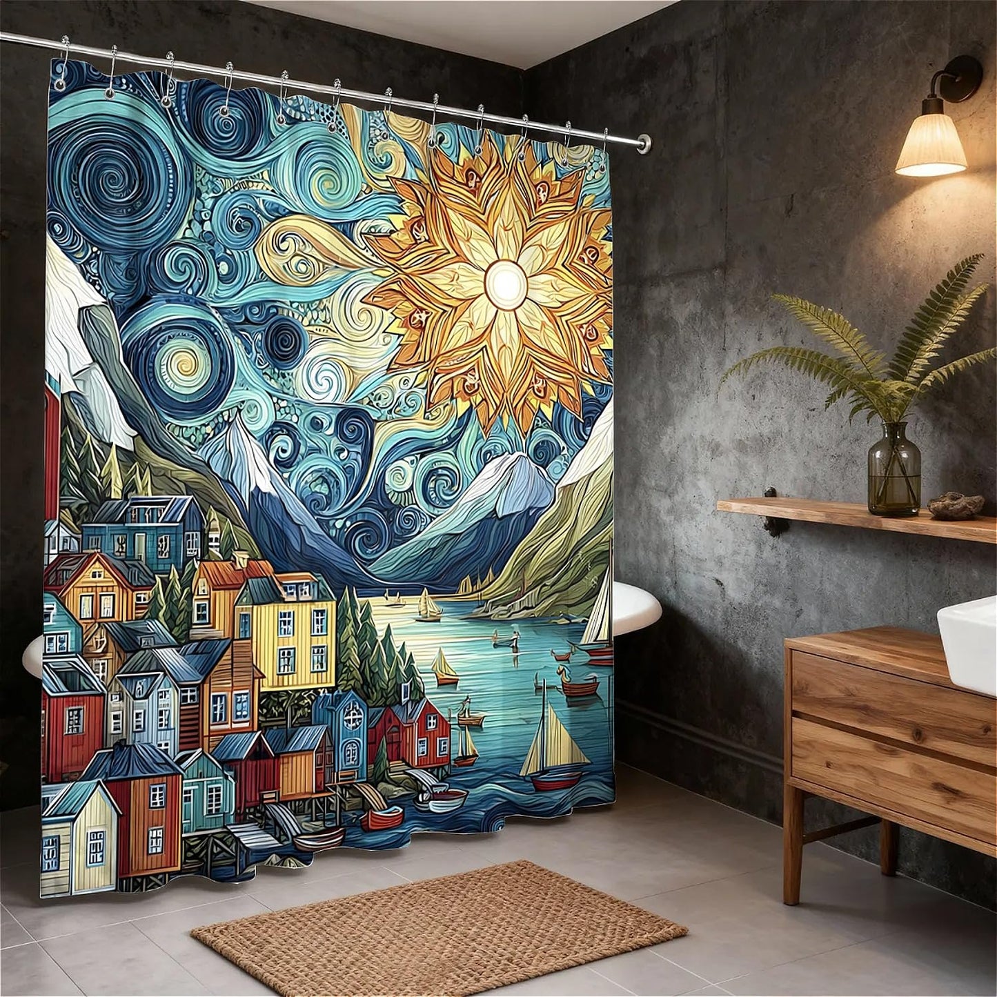 TANGXUNFA Colorful Fjords Shower Curtain for Bathroom, Water-Resistant Long Shower Curtain Set 72x72 Inch with Metal Grommets and 12 Metal Hooks