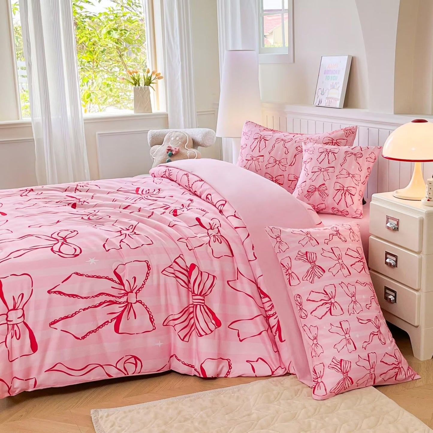 GRAT TIOC 6 Pieces Pink Bow Ribbon Comforter Set for Girls Twin,Girly Bed in A Bag Coquette Bows Bedding Set for Girl Kids (1 Comforter,1 Flat Sheet,1 Fitted Sheet,2 Pillowcases and 1 Cushion Cover)
