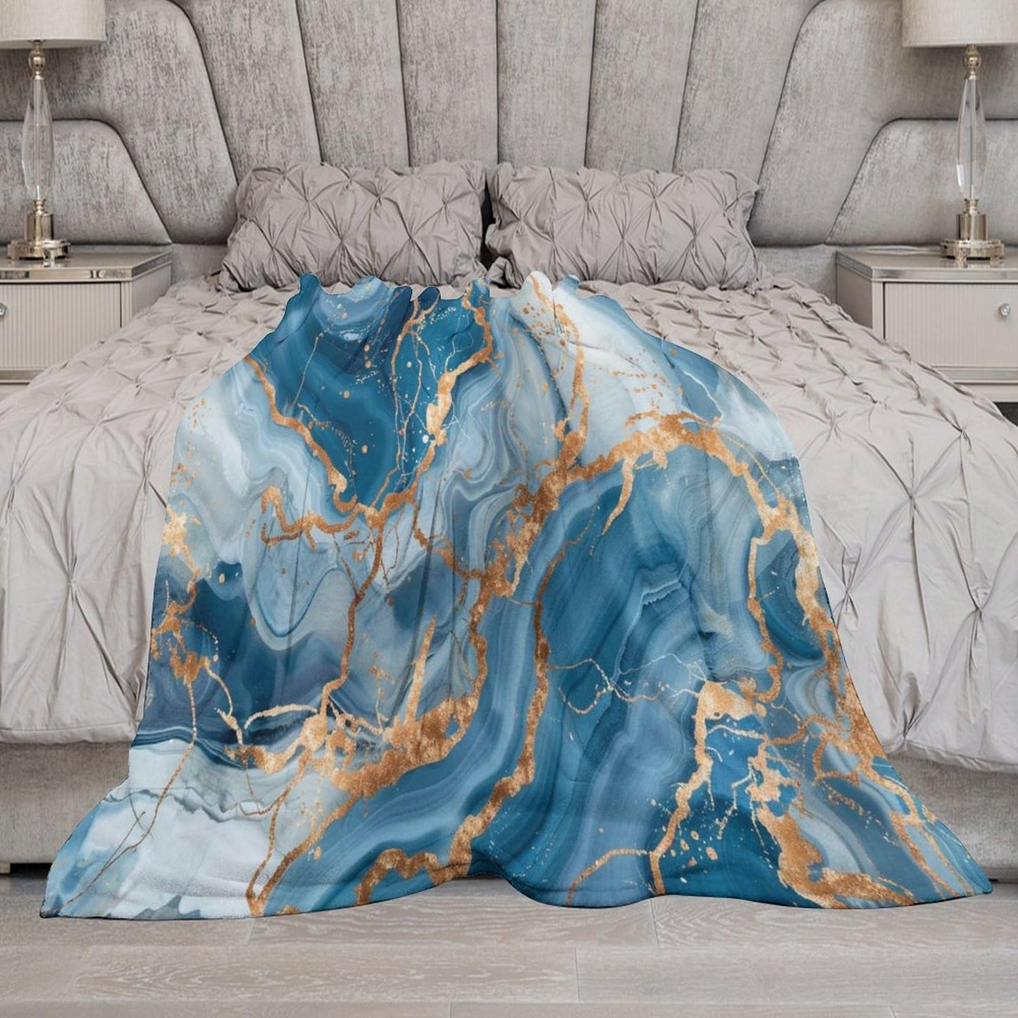 Marble Throw Blanket for Bed Sofa, 40"x50" Super Soft Warm Cozy Fluffy Plush Blanket, Modern Abstract Foil Stone Texture Gold Blue Marble Flannel Couch Blanket for Travel Camping