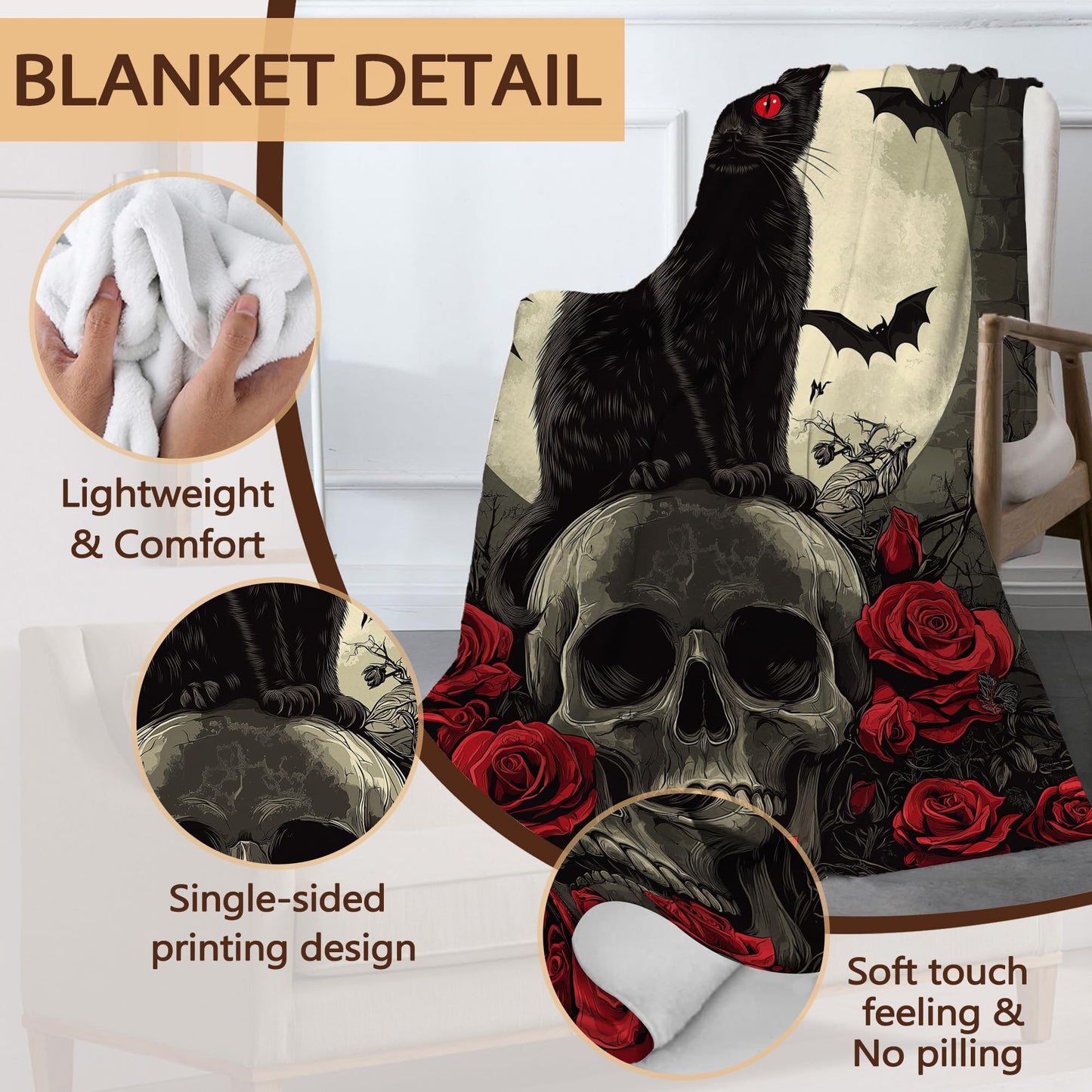 Black Cat Sofa Throw Blankets,Gothic Skull Bats Flower Soft Cozy Fuzzy Lightweight Travel Blanket,Flannel Fleece Fall Throw Blanket for Couch,Bed,Camping,Movie Nights,Watching TV 50 X 60 Inch