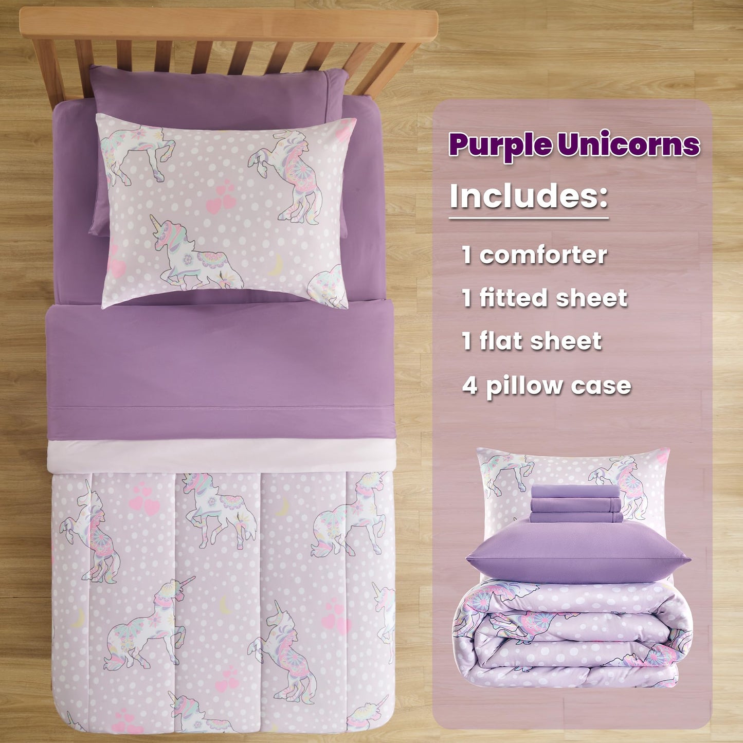 SLEEP ZONE Kids Comforter Set Full/Queen Size, Jersey Knit 7 Pieces Bedding, Super Soft and Breathable Comforter with Sheets, Pillowcases (Purple Unicorns)