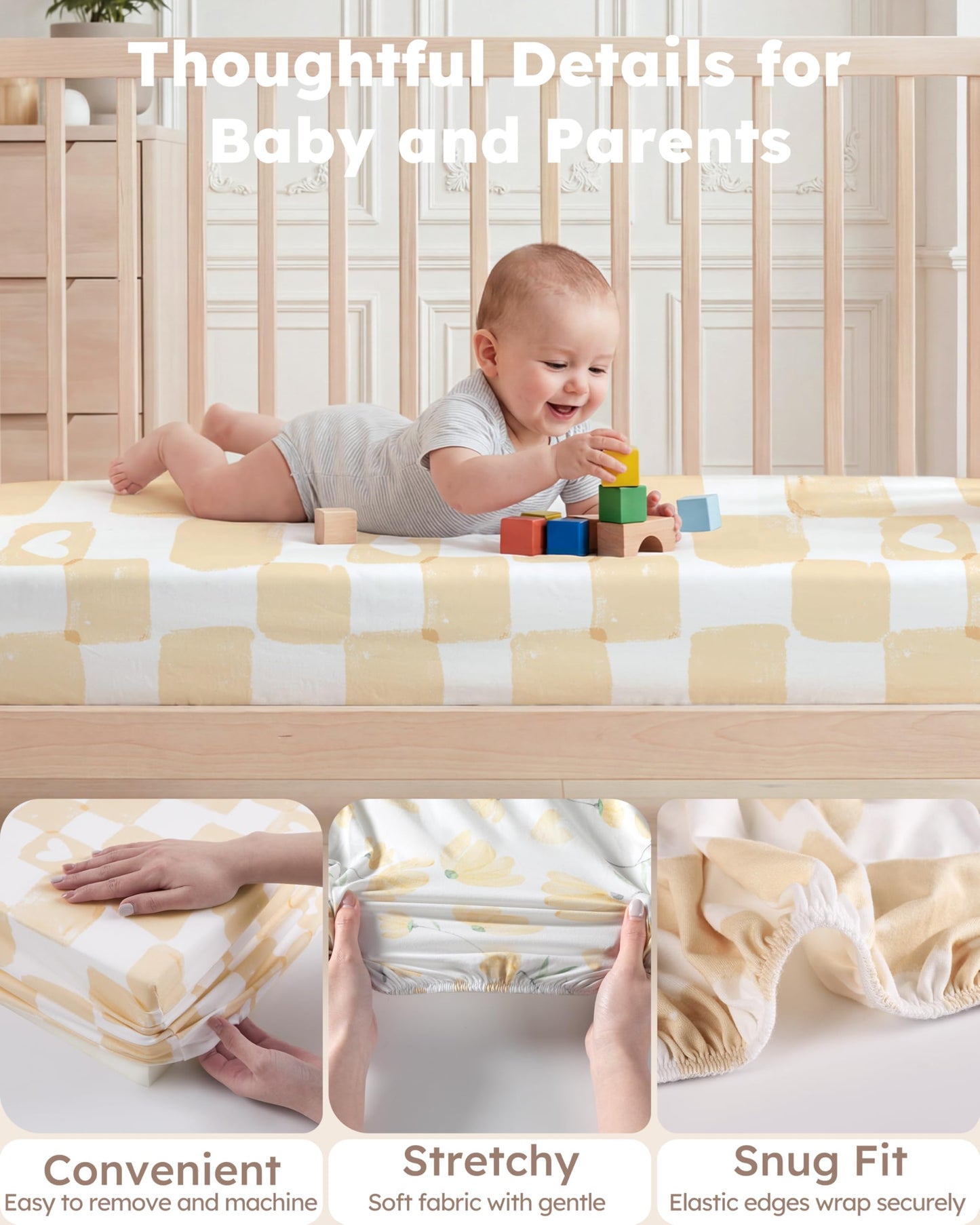 Nyessmee Pack and Play Sheets for Boys Girls, 38" x 26" Mini Crib Sheets Fitted for Pack n Play Mattress, Soft Breathable Playard Sheets, 2-Pack Yellow Flowers